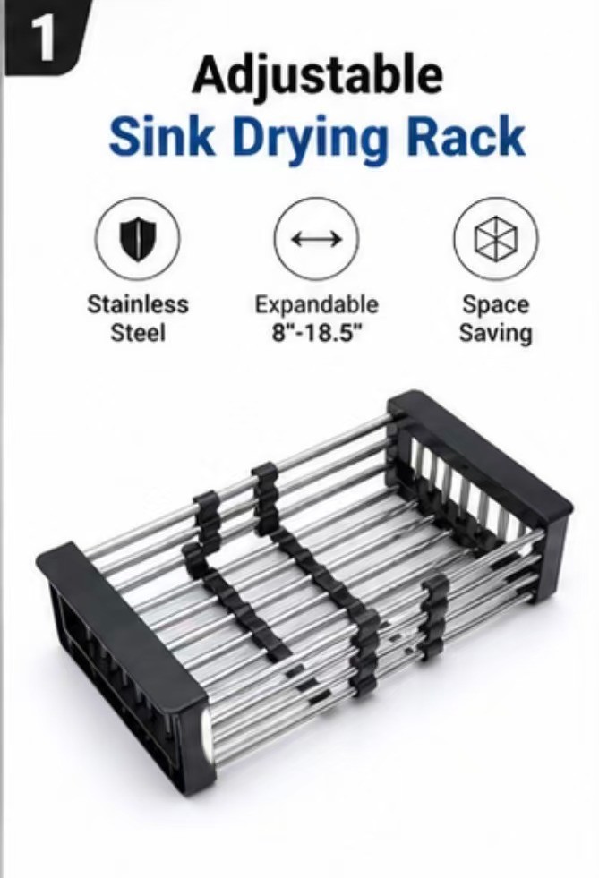 Adjustable Stainless Steel Sink Dish Drying Rack Expandable 8-18.5” Kitchen Orga