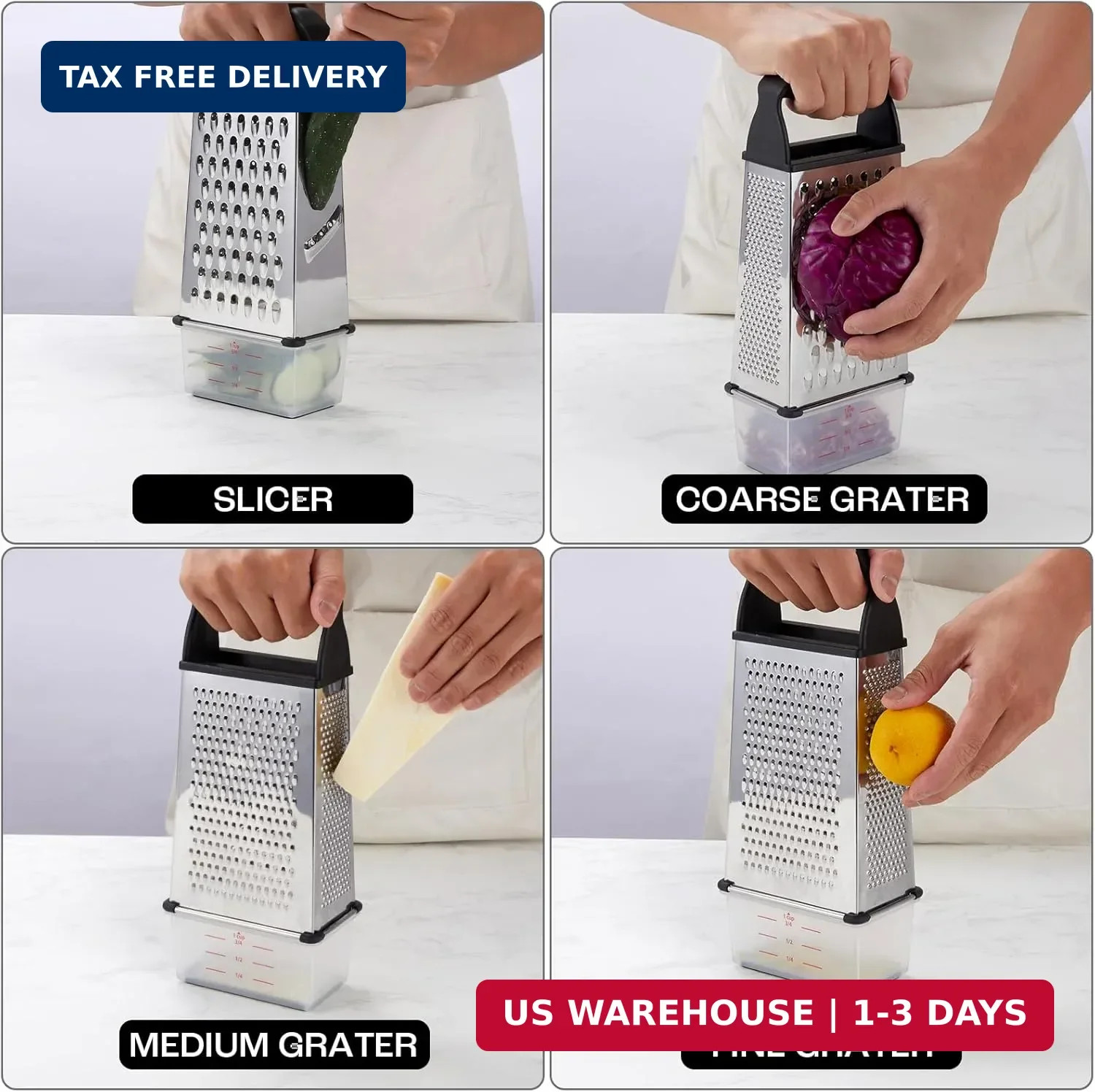Box Cheese Grater Stainless Steel with Container Handle 4-Sided Shredder Black