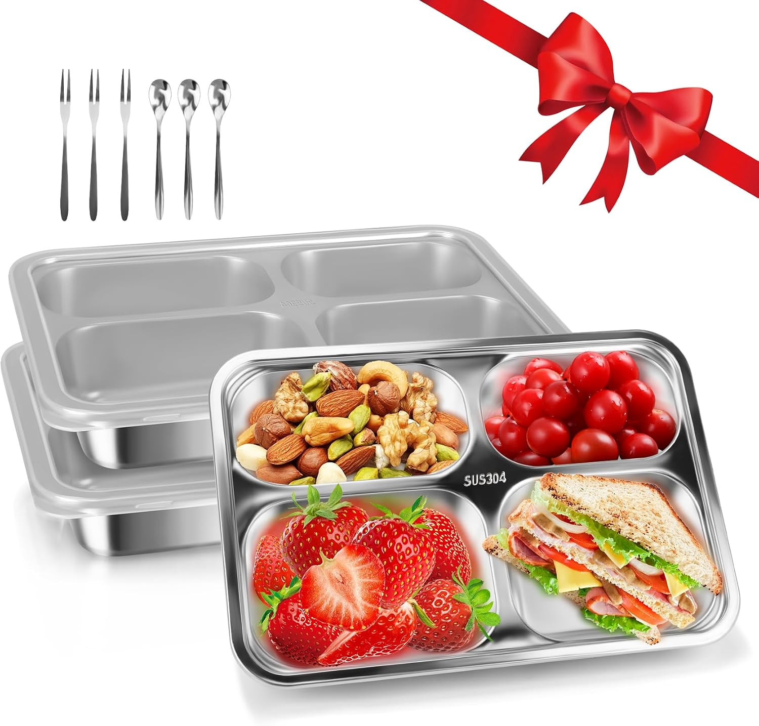 Stainless Steel Snack Containers with Lids 3 Pack, Reusable 4 Compartments
