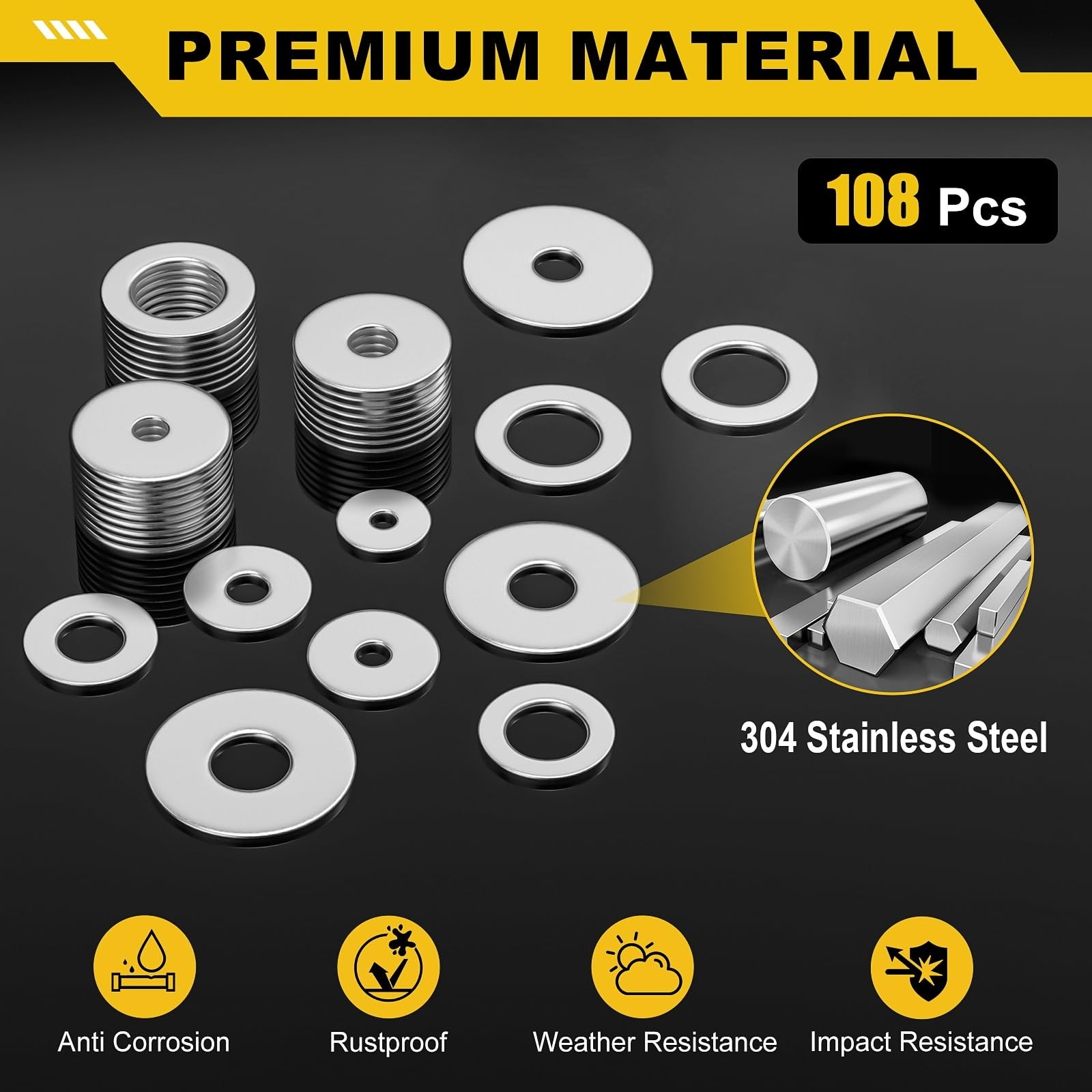 108Pcs 304 Stainless Steel Flat Washers, Fender Washers Assortment Kit 12 Siz…