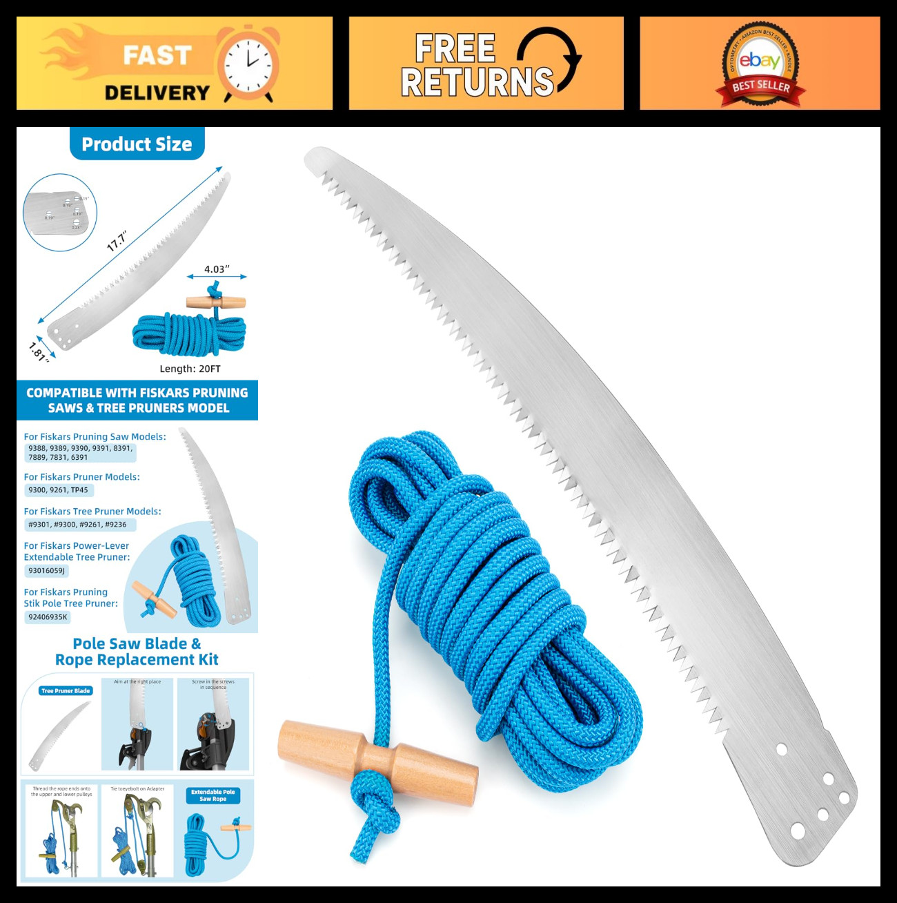 15″ Pole Saw Blade & 20ft Tree Pruner Rope – Manual Trimming Kit, Branch Cutter