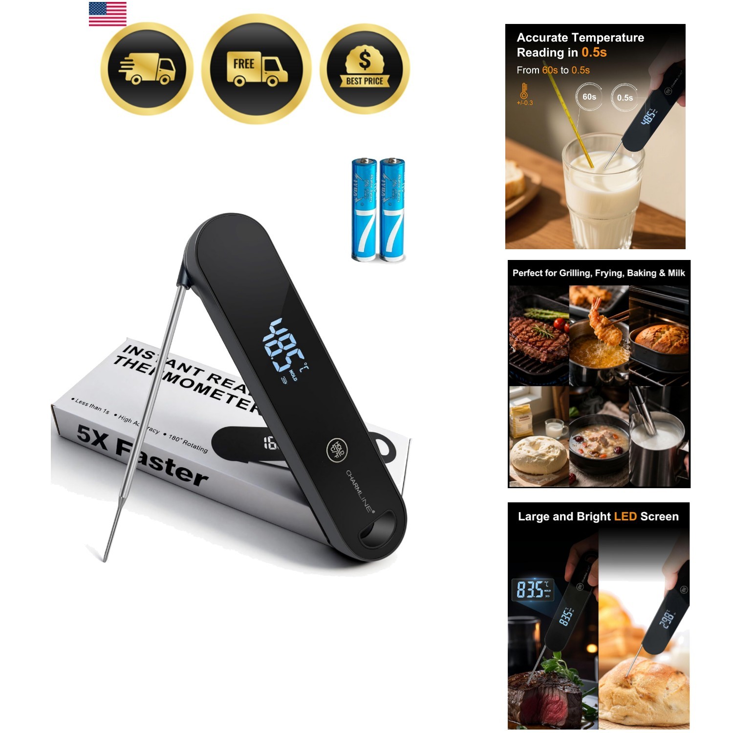Meat Thermometer | 180° Auto-Rotating LED Display, 0.5-Second Read, Dual-batt…