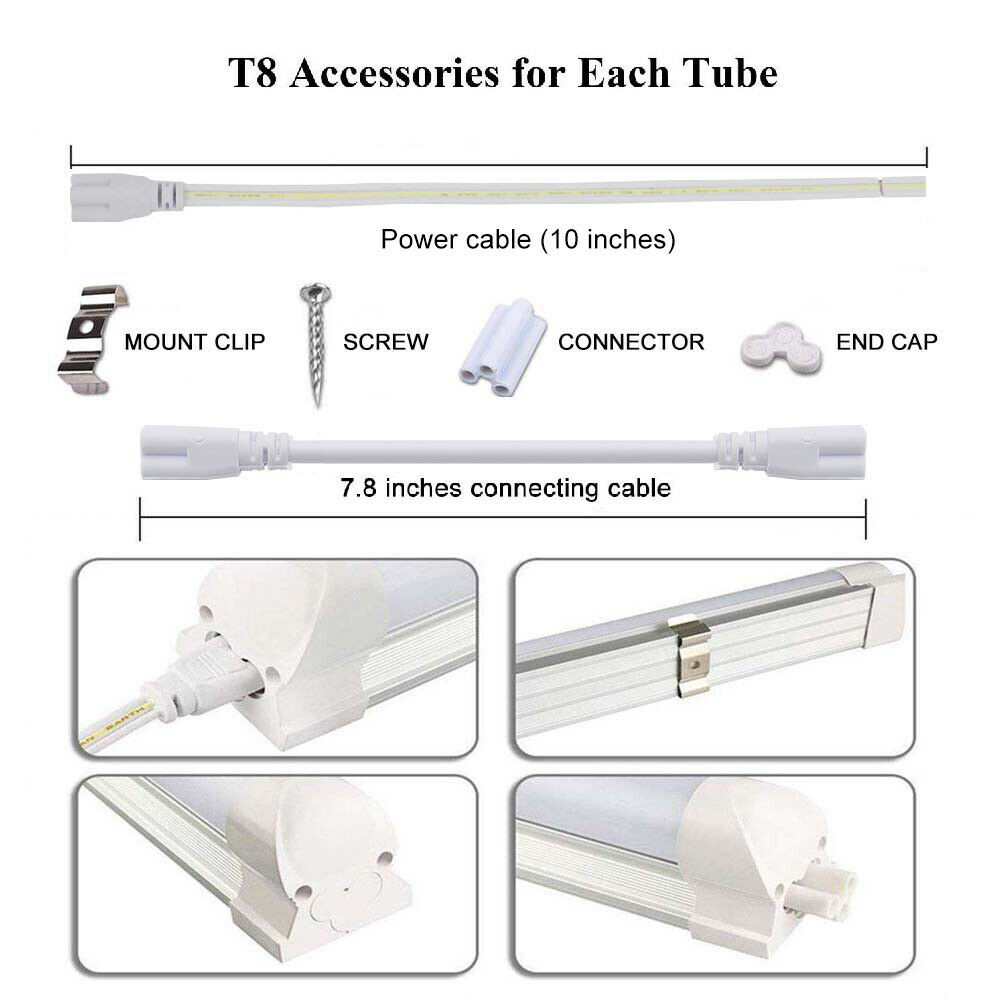Integrated T8 4FT LED Shop Light Fixture 6500K 4Foot LED Tube Light Bulb 36W 60W