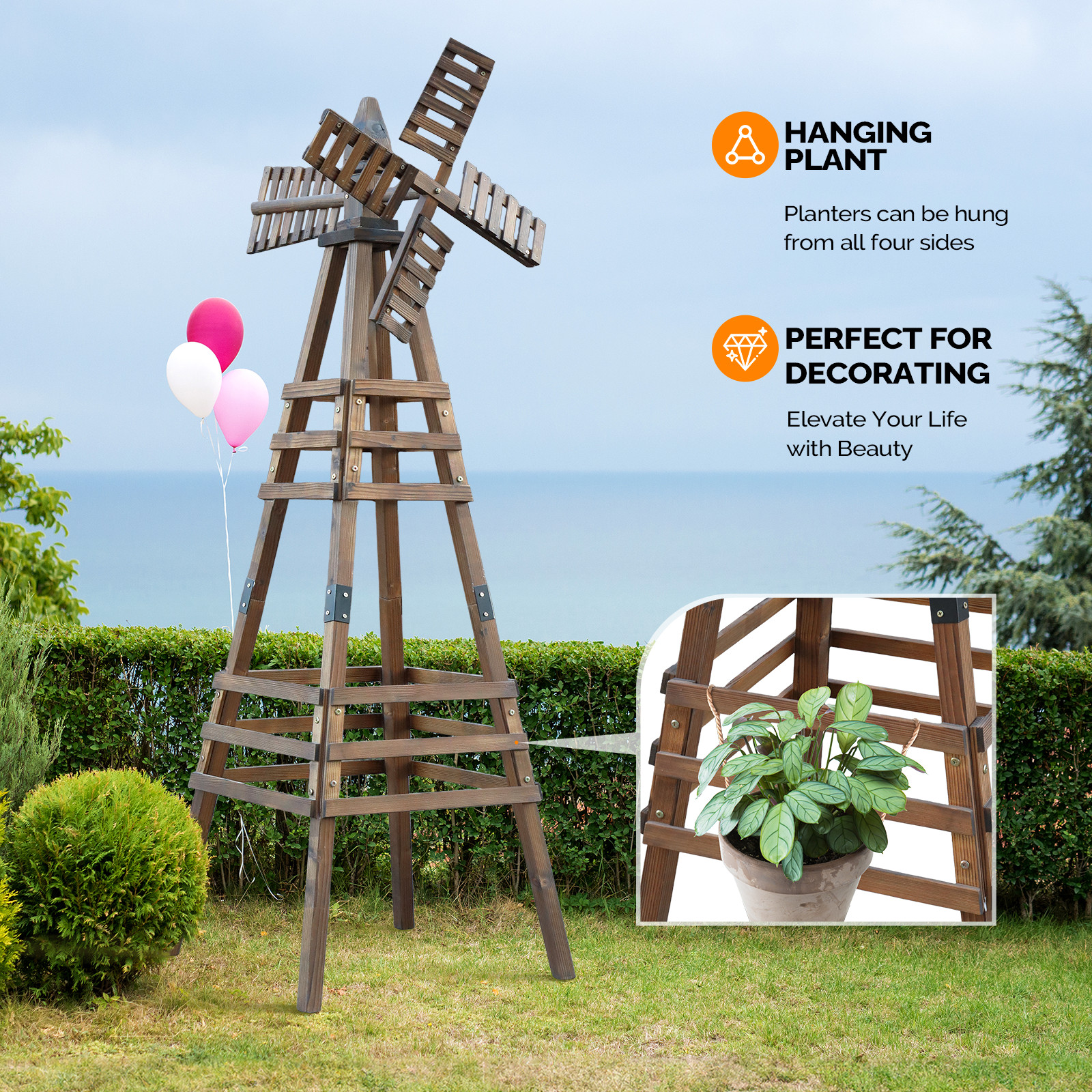 6FT Wood Windmill Backyard Garden Decoration Weathervane Freestanding, Brown