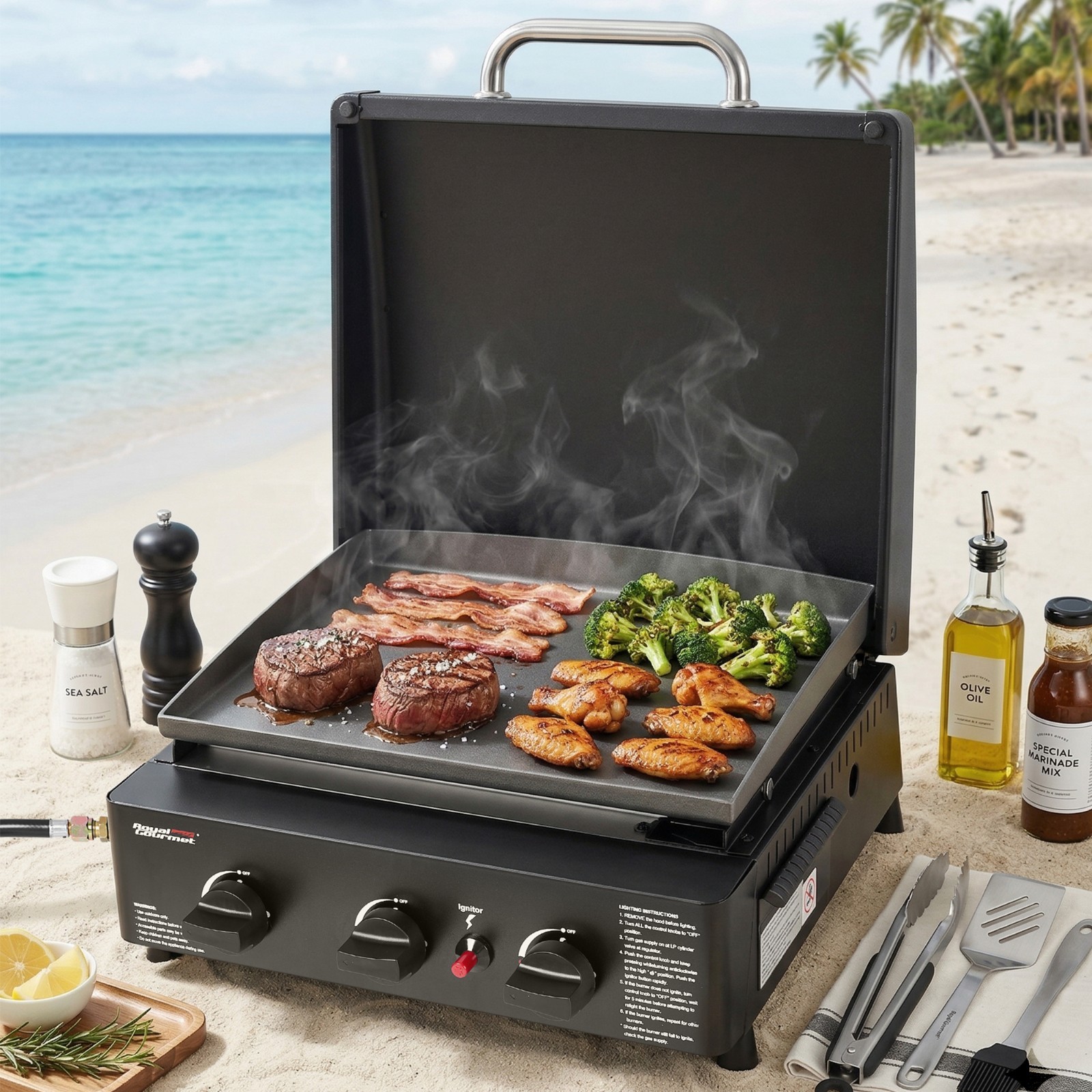 Royal Gourmet Portable 3-Burner Propane Griddle with Hood for Outdoor Cooking