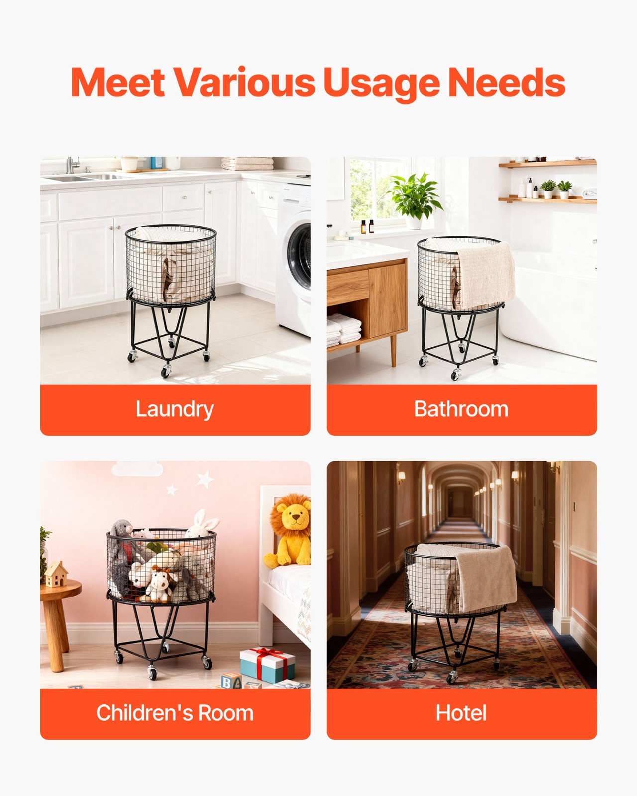 VEVOR Laundry Cart, Rolling Round Grocery Utility Cart with 360° Swivel Wheels,