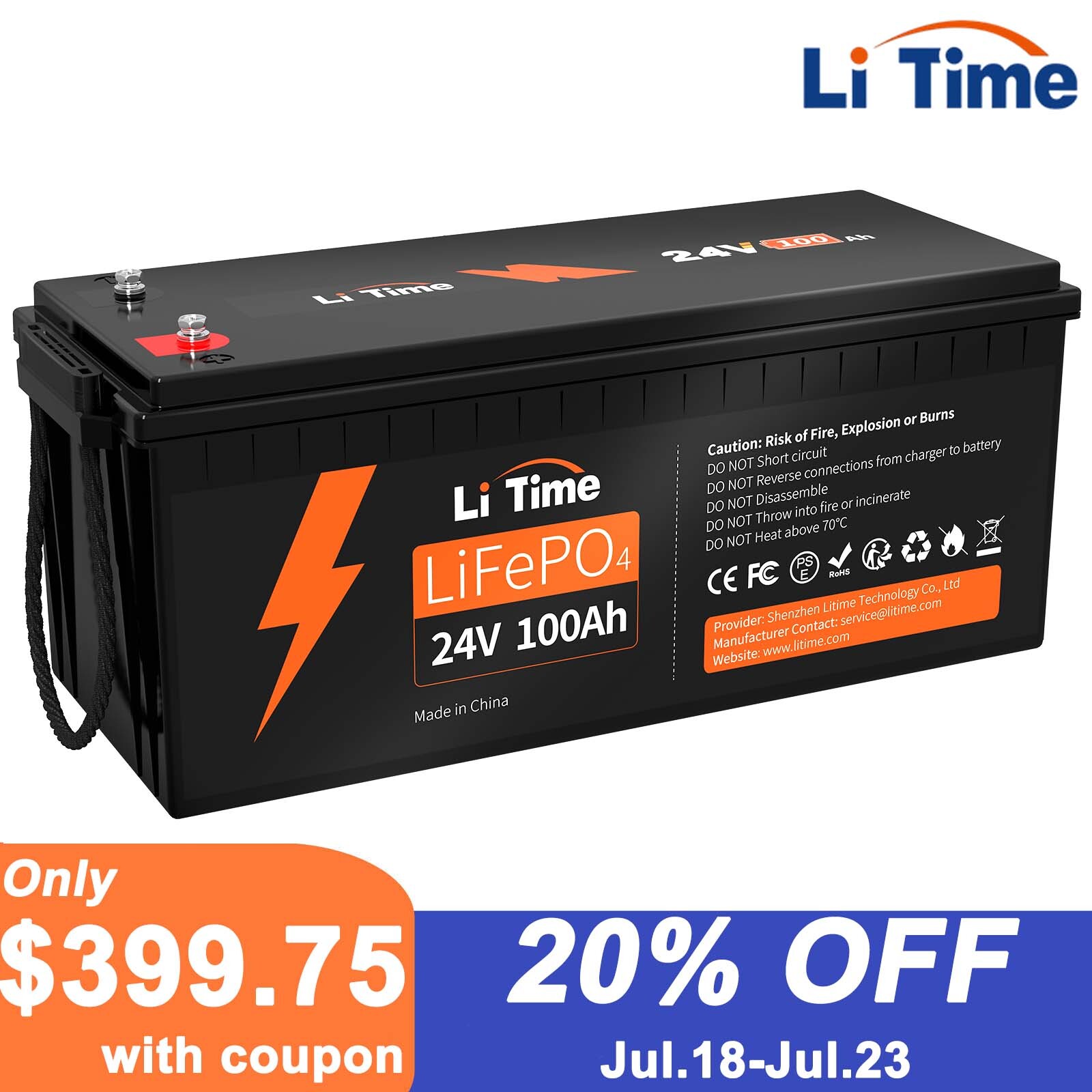 Litime 24V 100Ah LiFePO4 Lithium Battery 2.56kWh for RV Off-grid Solar Marine