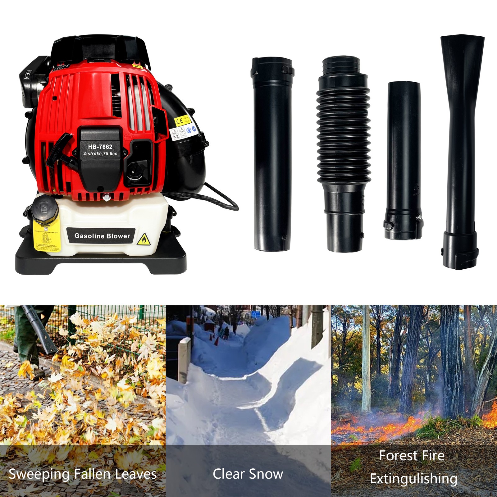 Backpack Gas Leaf Blower,76CC,660CFM,200MPH ,4 Stroke Air Cooling Gas