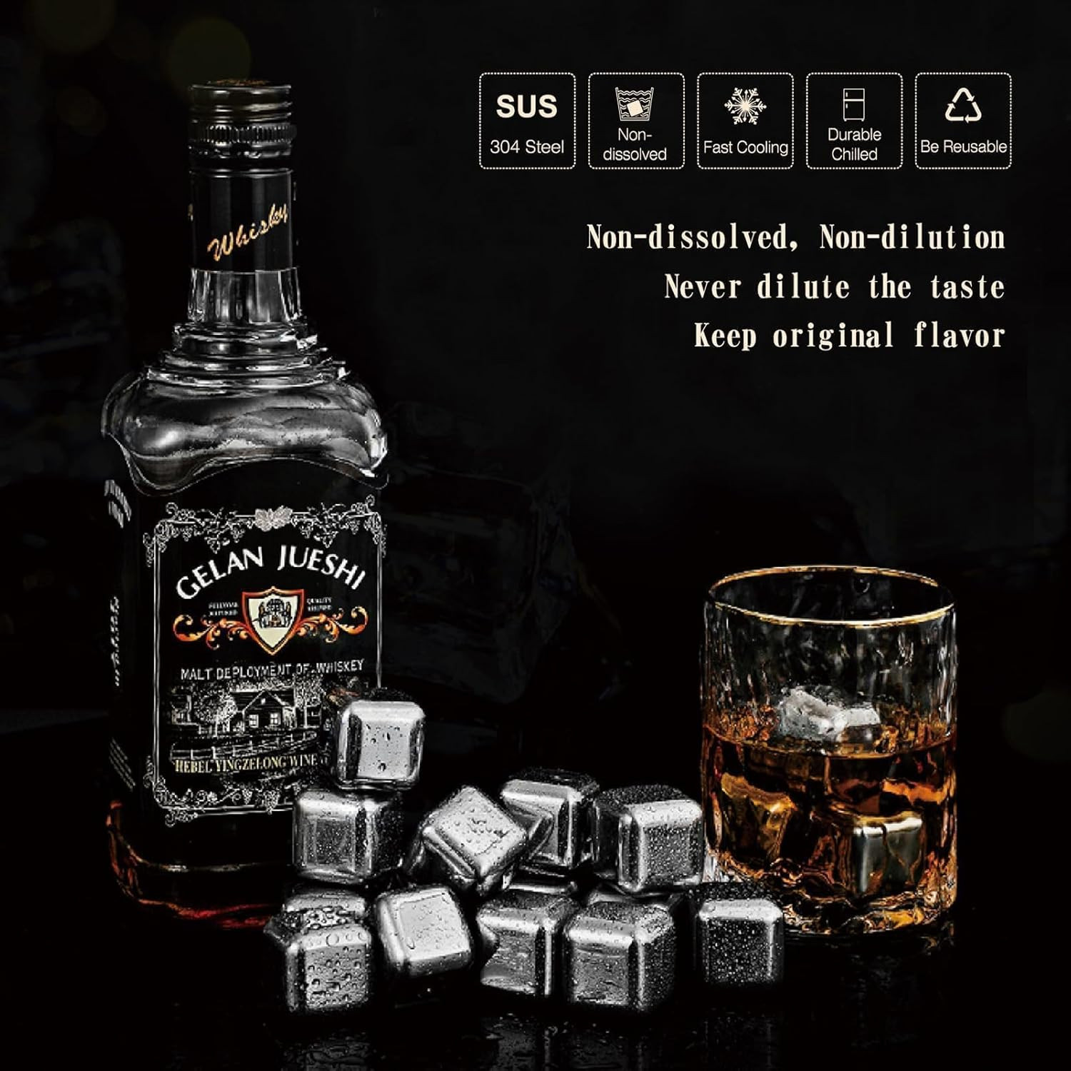 16 Pack Reusable Stainless Steel Ice Cubes for Drinks – Metal Whiskey Stones, Hi