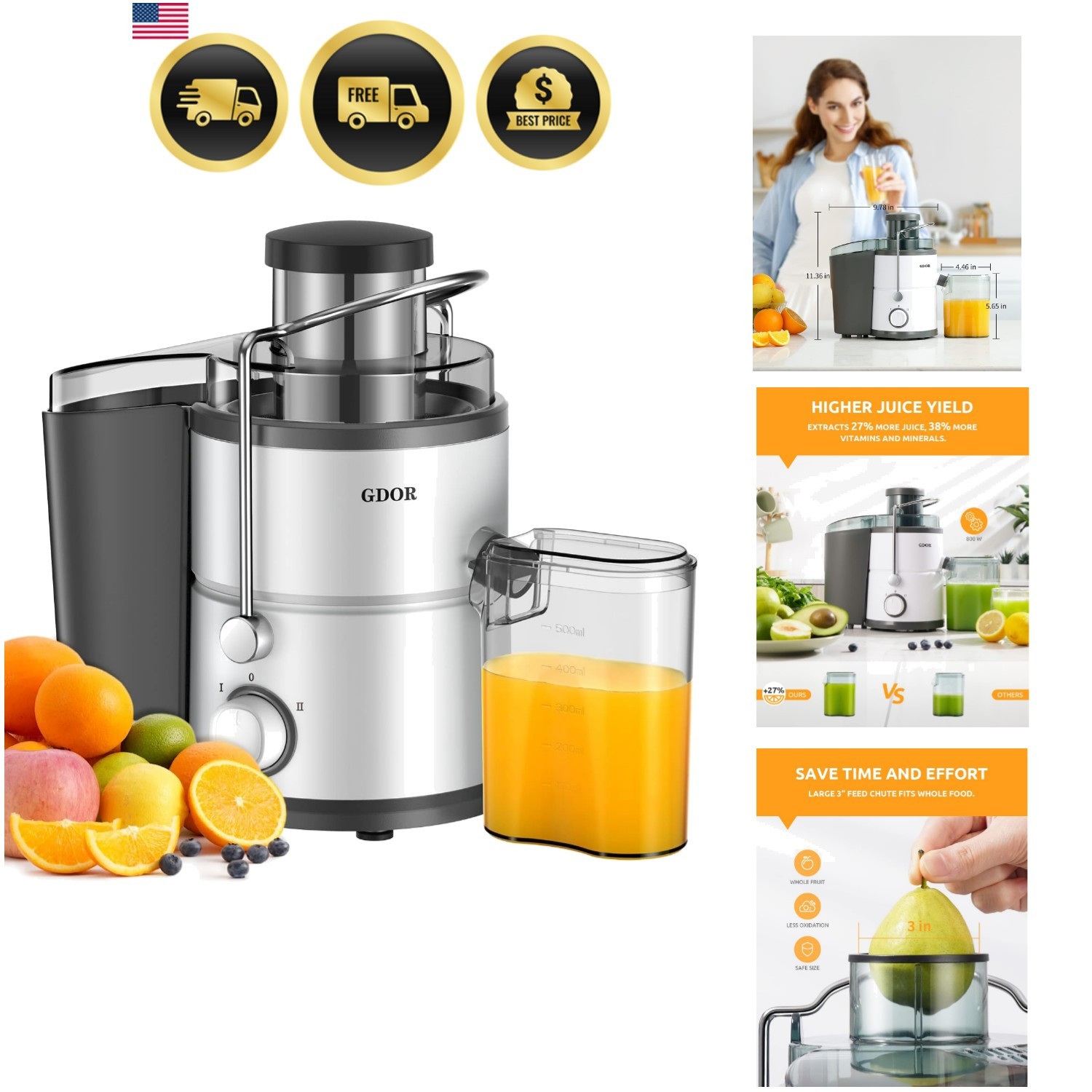 800W Juicer Machine, 3” Wide Feed Chute, Dual-Speed Centrifugal Juicer for Fr…