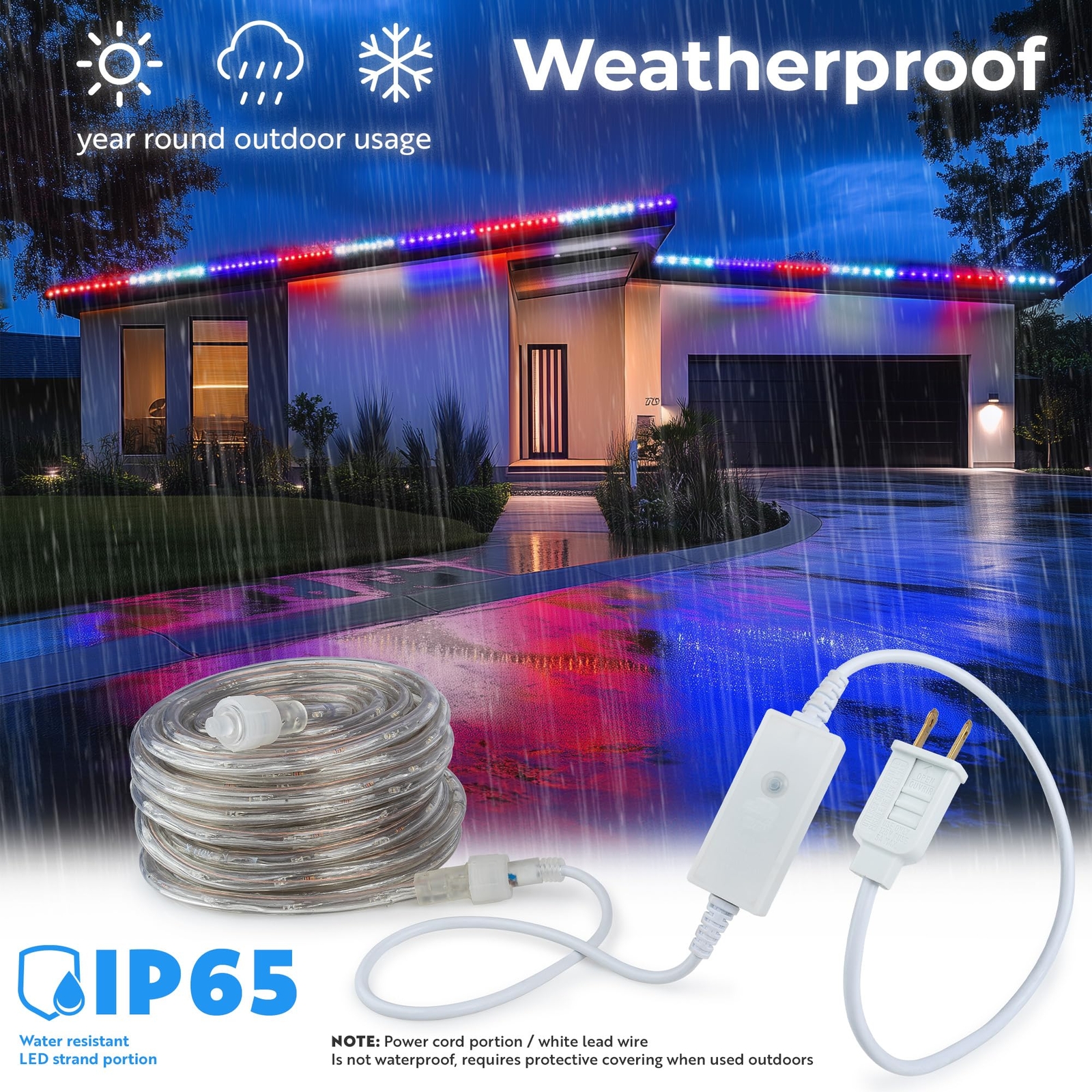 USA RWB 8-Mode LED Outdoor Waterproof Rope Light 10′ 25′ 50′ 100′ 150′ 300’ft