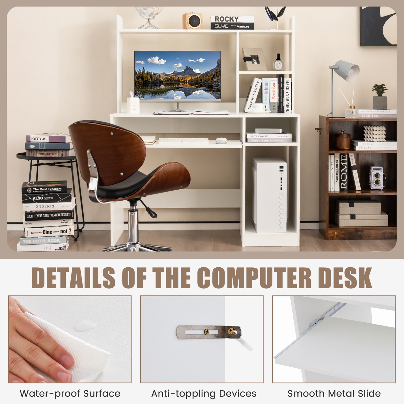Computer Desk Hutch Home Office Study Writing Table w/ Bookshelf Keyboard Tray