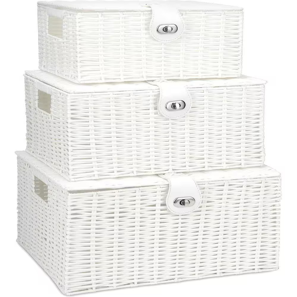 White 14.2 In. X 7.3 In. Polypropylene Decorative Basket Set of 3 with Lid and H