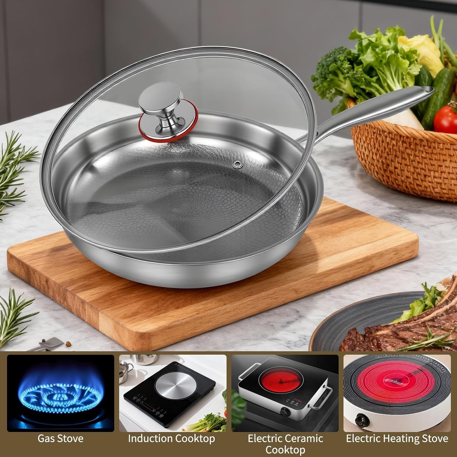 2025 New Titanium Hammered Pan Pro with Lid, Titanium Pans for Cooking -Durable