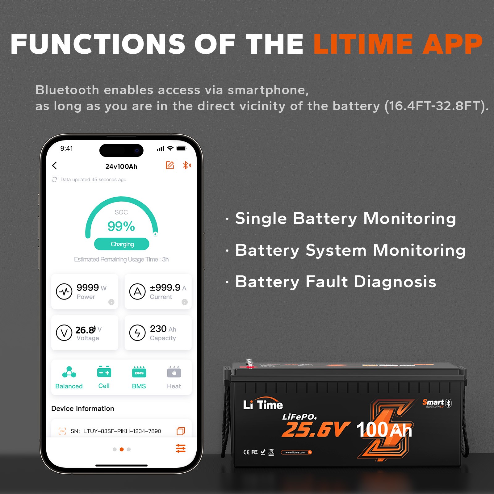 Litime 24V 100Ah Smart Low Temp LiFePO4 Lithium Battery For RV Boat-Refurbished