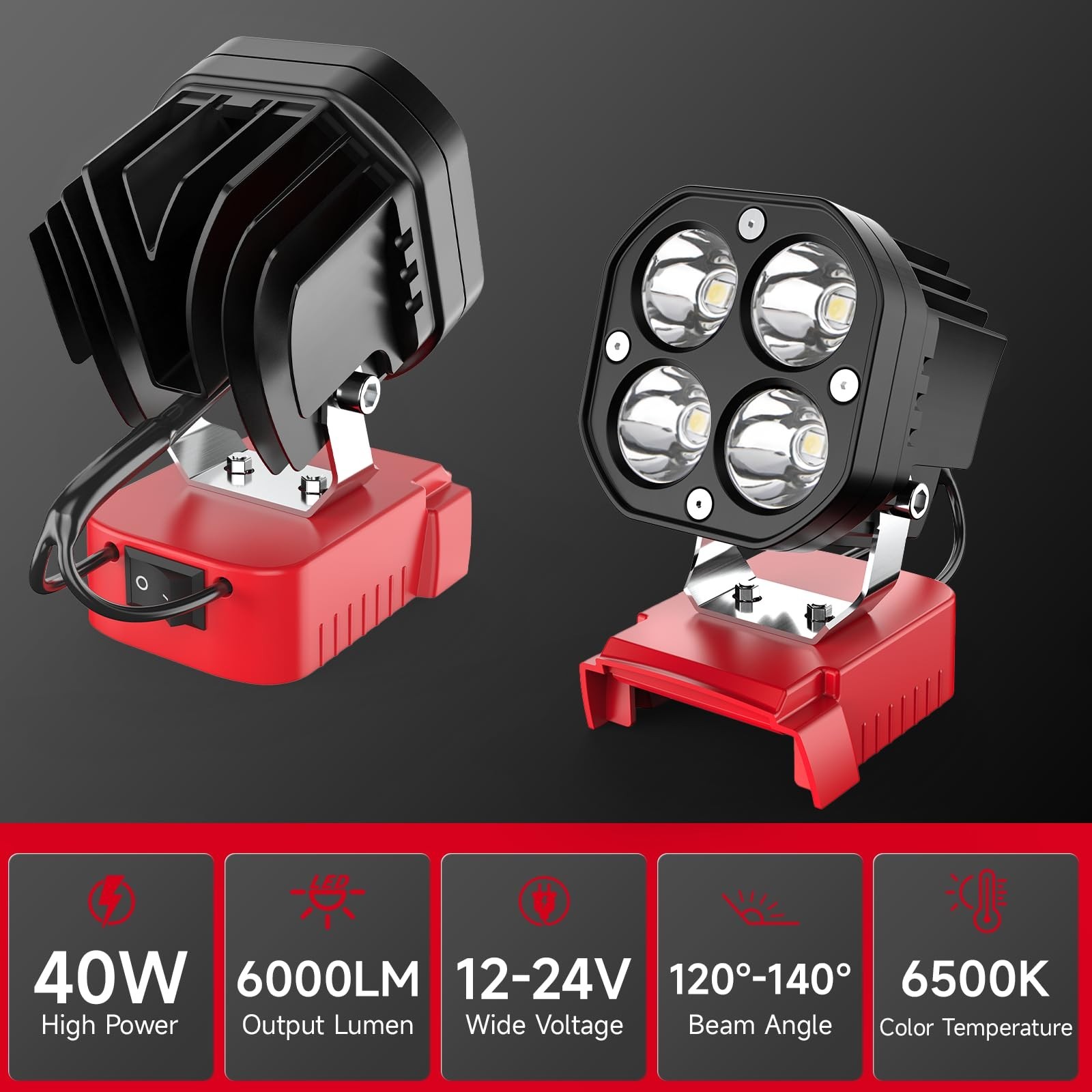 40W LED Work Light Compatible with Milwaukee 18V Battery, 6000ml 6500K Light