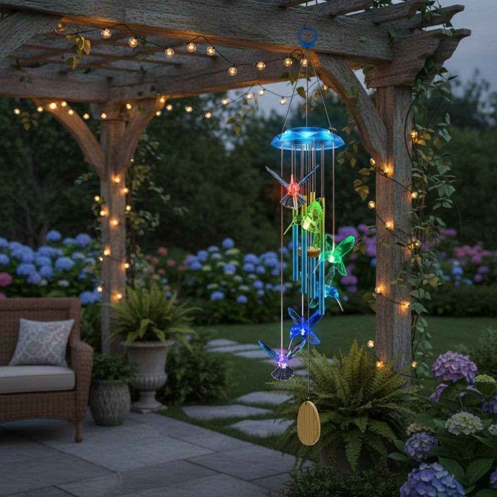 37 In. Blue Hummingbird Solar Wind Chimes for Outside
