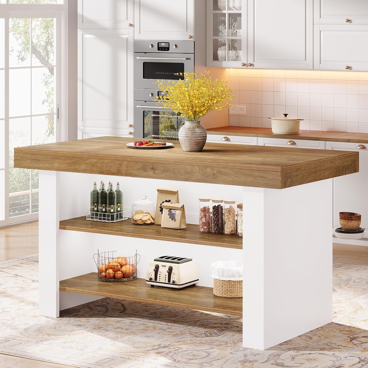 55″ Kitchen Island with 2 Tier Storage,Farmhouse Center Island Table for Kitchen
