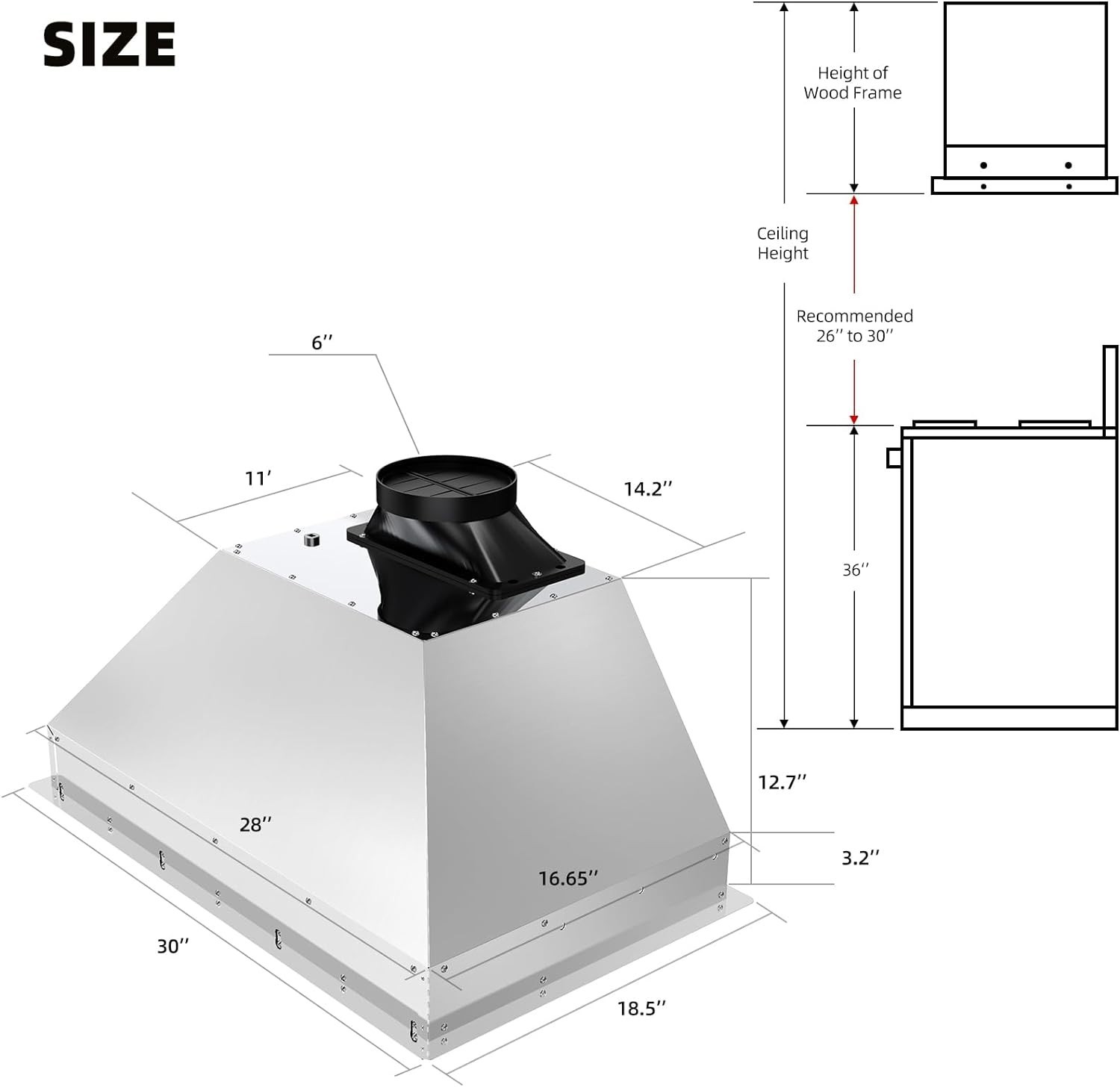 Insert Range Hood ‎Stainless Stee 900 CFM Built-in Kitchen Vent Convertible 30in