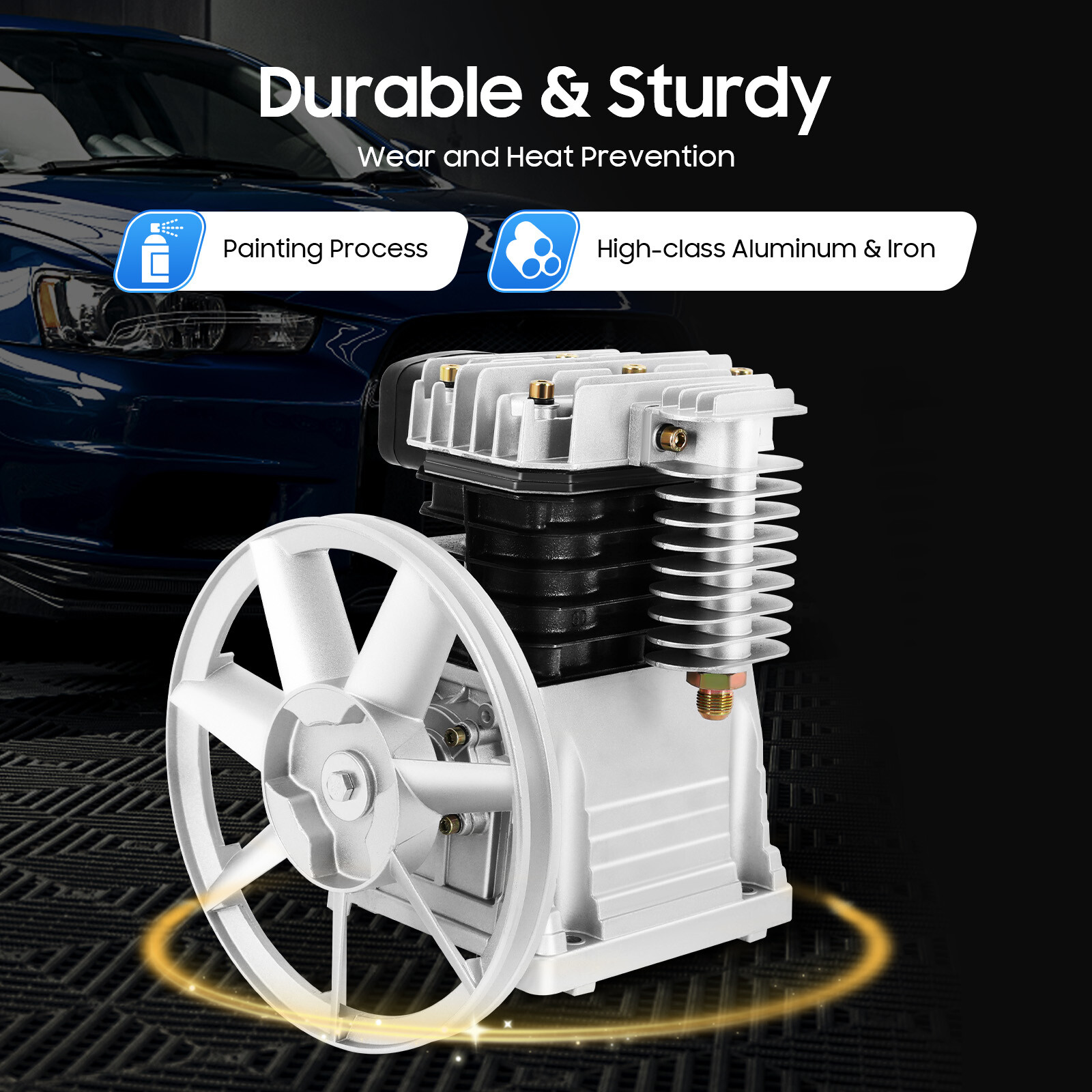 3HP Air Compressor Pump Head Aluminum 2.2KW 1.0mpa 2 Cylinder 1 Stage 250L/66Gal