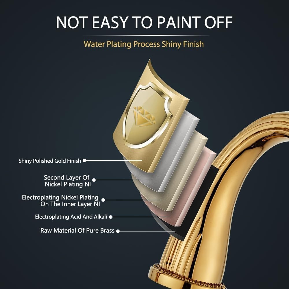 Shiny Polished Gold Widespread Bathroom Sink Faucet, Two Crystal Handle & Drain