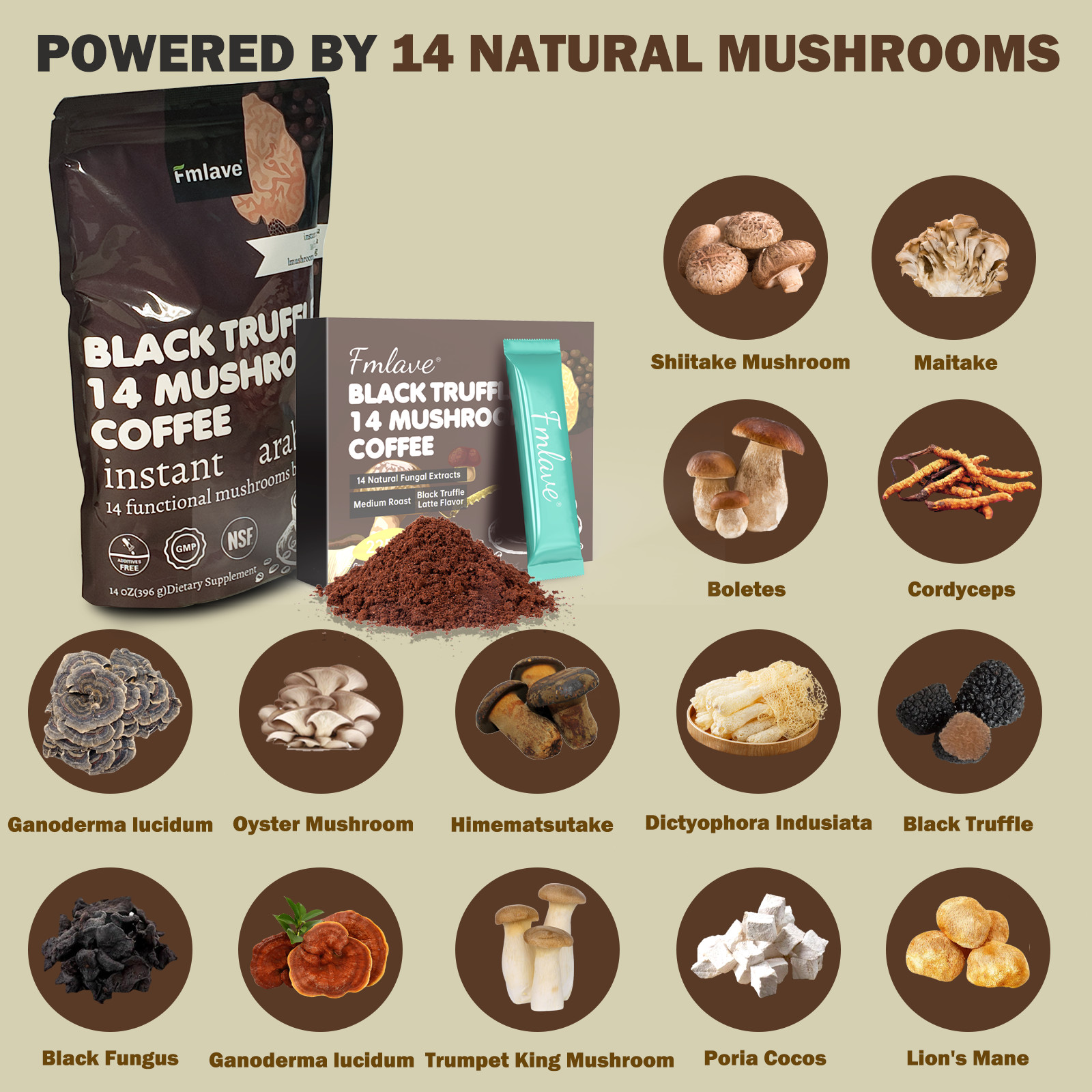 Organic Mushroom Coffee Instant Coffee, 14 Mushroom Extract Energy & Brain Boost