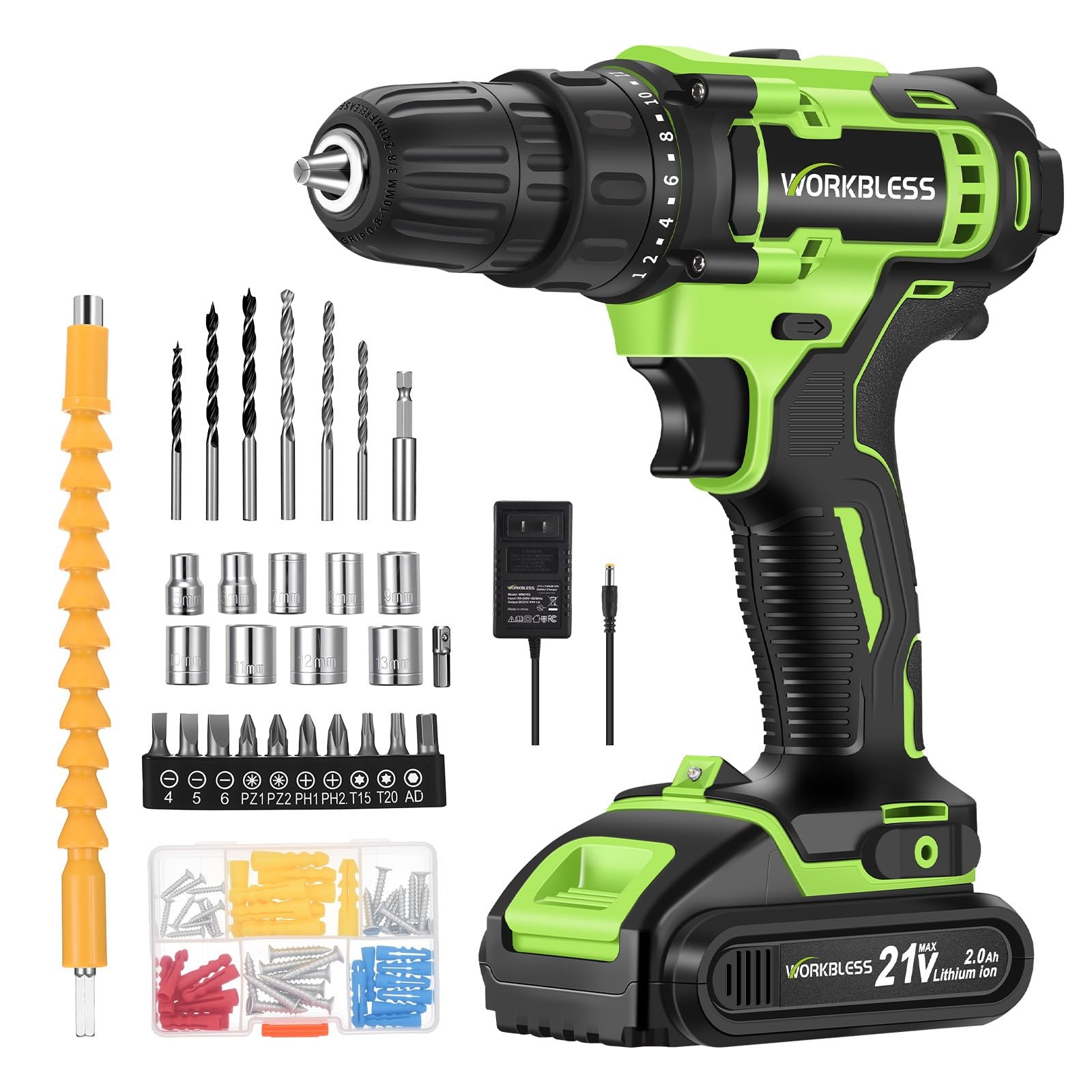 21V Power Drill Set, Cordless Drill with Battery and Charger (Green, 1 Battery)