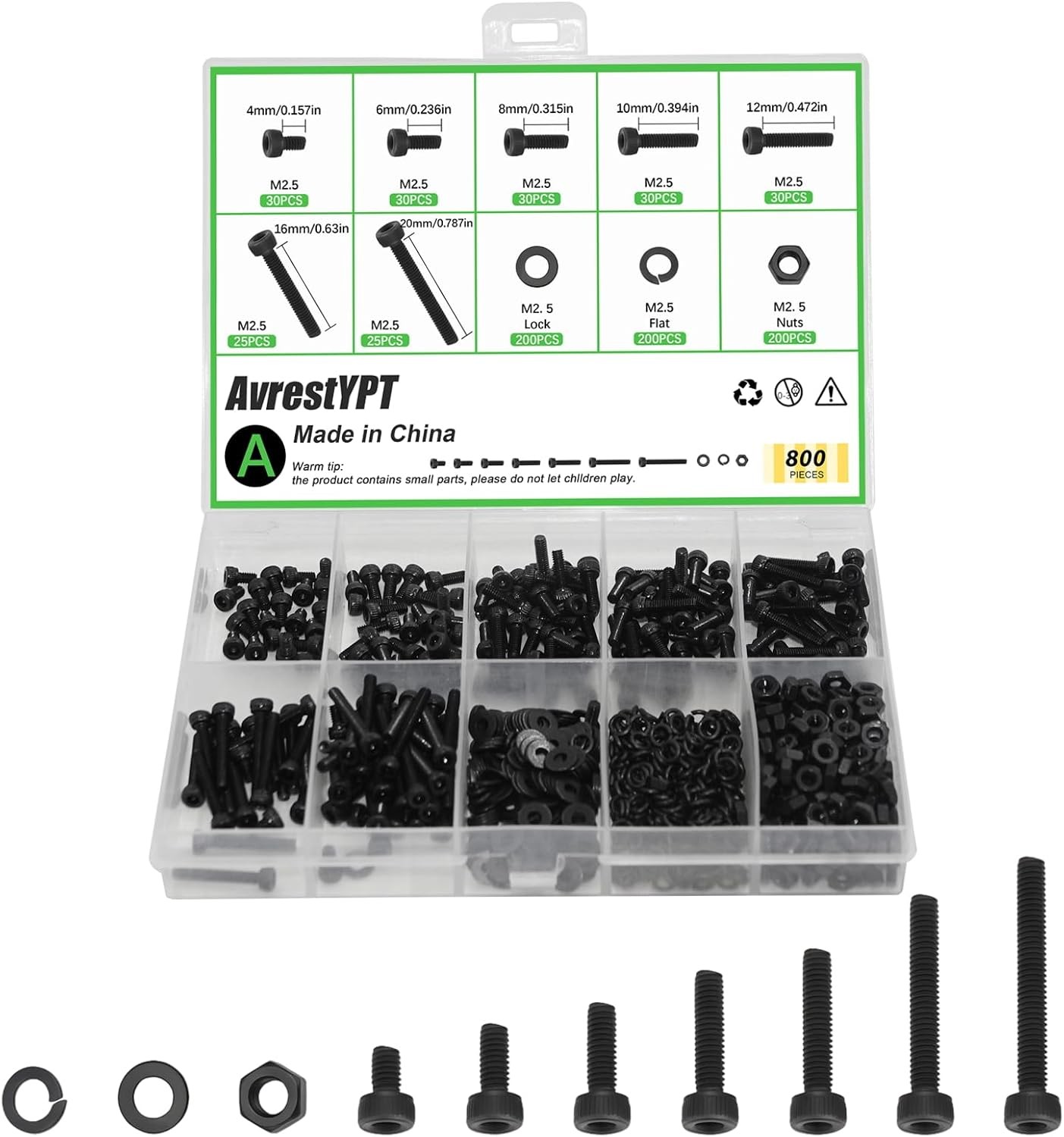 M2 M3 M4 M5 Hex Socket Head Cap Screws Bolts Nuts & Washers Assortment Kit
