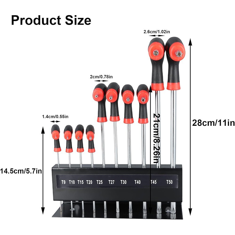 10x T Handle Wrench Set Torx Star Key 2 Drive Ends Auto Bike Repair Tool T9-T50