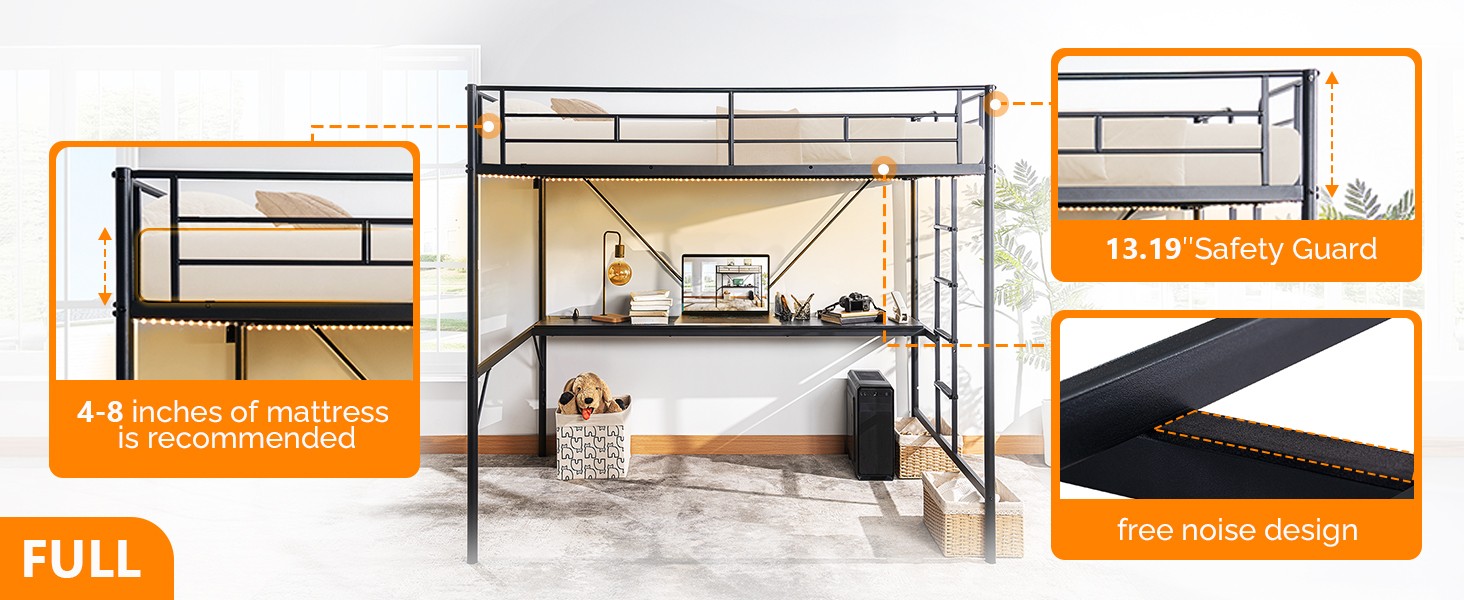 Full Size Metal Loft Bunk Bed Frame for Kids Teens Adults with Desk Underneath,2