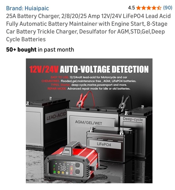 Fully Automatic Battery Charger, 25A 2/8/20/25 Amp 12V/24V LiFePO4 Lead Acid