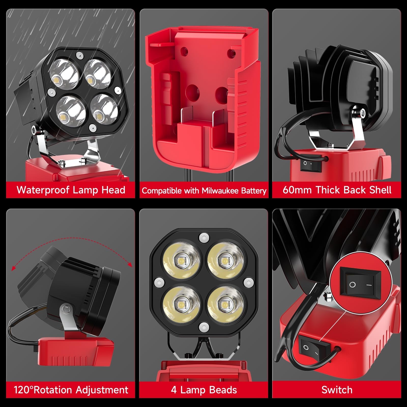 40W 6000LM flashlight，Wireless LED Compatible with Milwaukee 18V Battery