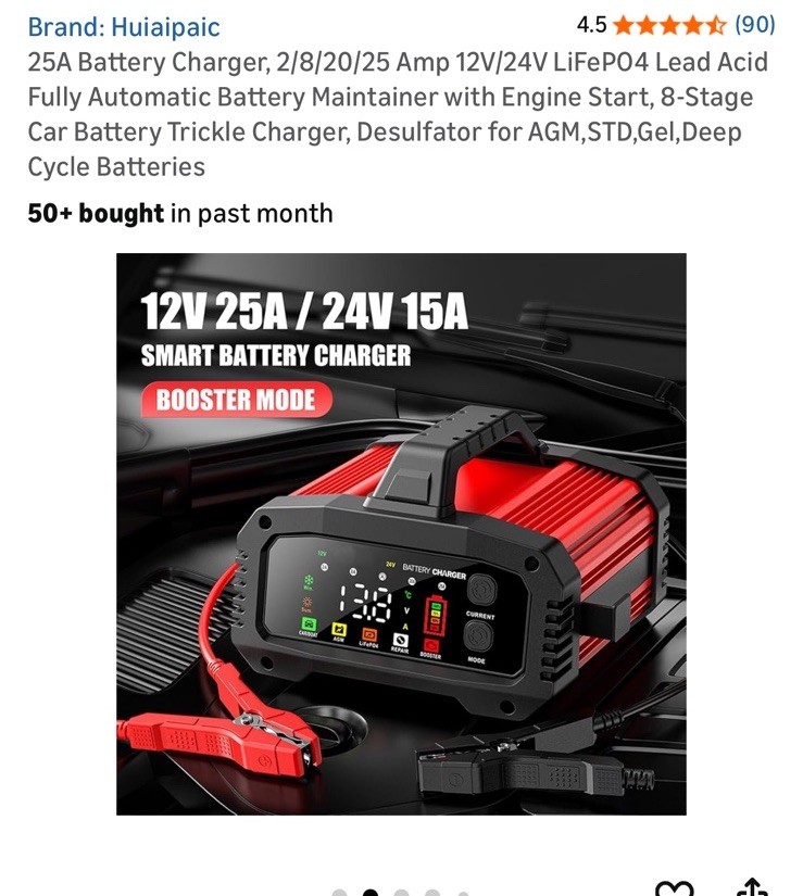 Fully Automatic Battery Charger, 25A 2/8/20/25 Amp 12V/24V LiFePO4 Lead Acid