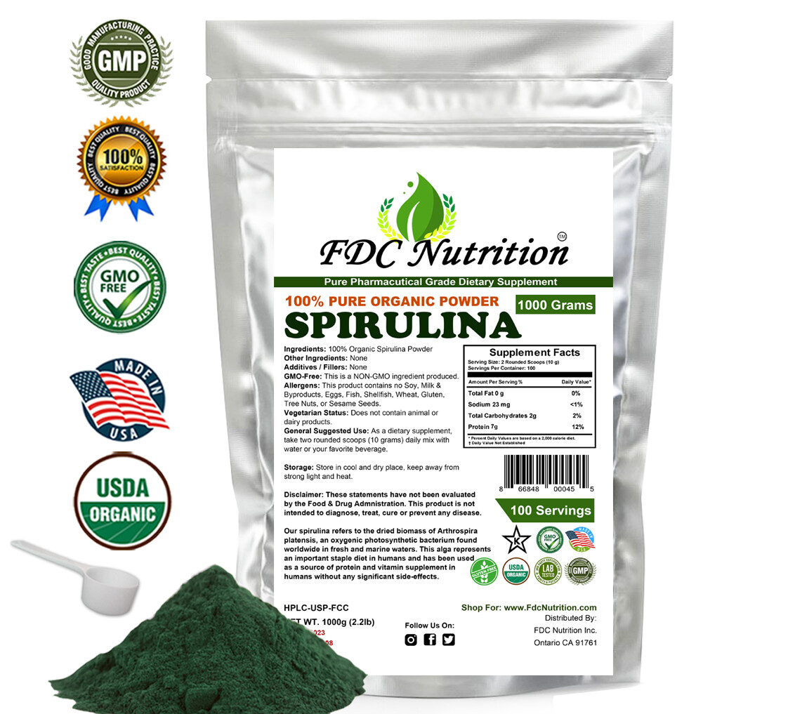 Spirulina Powder 1000 g (2.2LB) GMO-Free, Kosher 100% Pure Organic