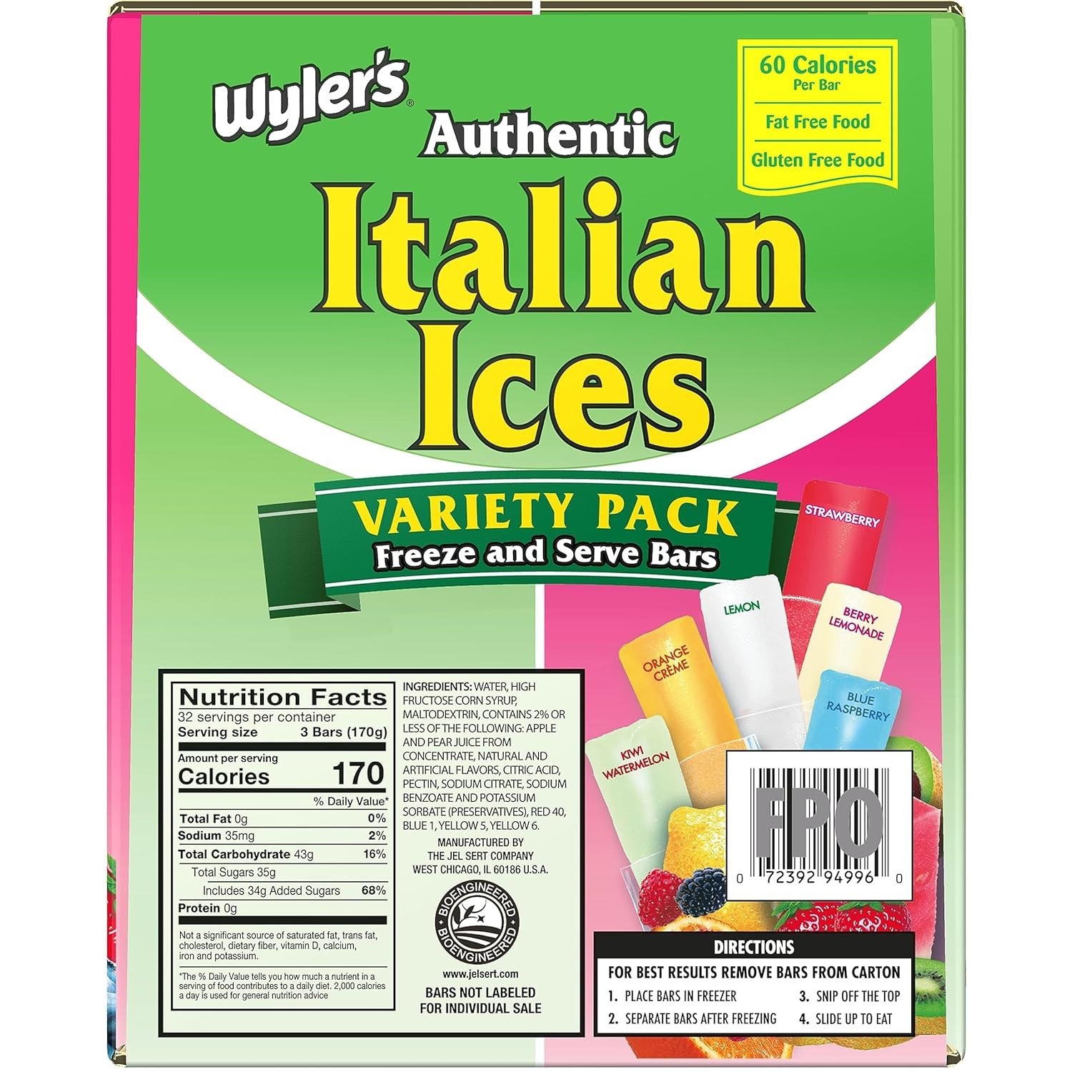 Wyler’s Authentic Italian Ice, Fat Free Freezer Bars, Assorted Flavors 96ct
