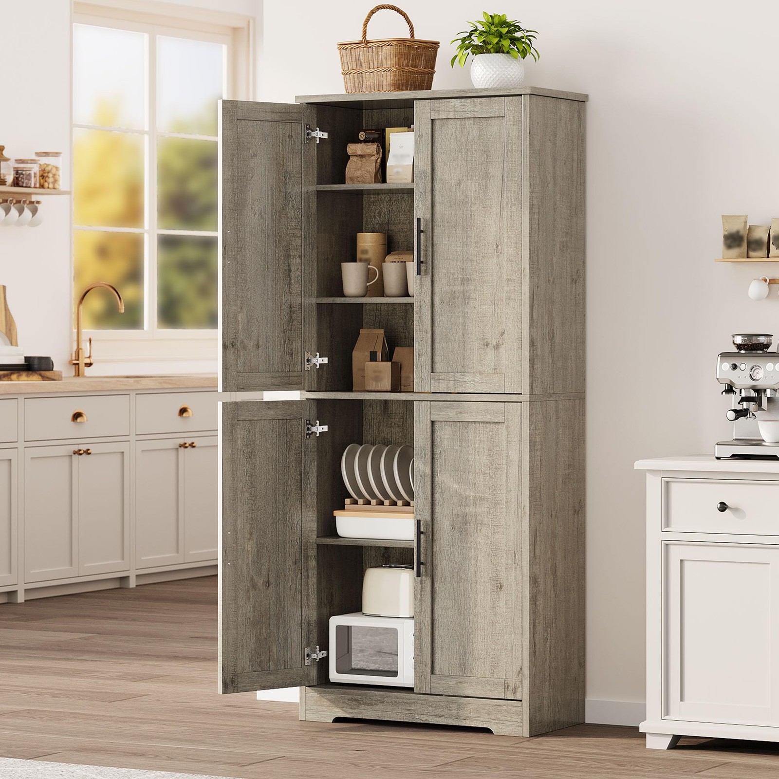 70″ Tall Kitchen Pantry Cabinet Storage Cabinet W/ 4 Doors & Adjustable Shelves