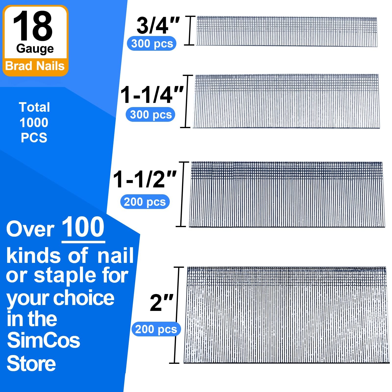 18 Gauge Galvanized Brad Nails 7 Sizes Assorted Fasteners for Trim & Cabinetry