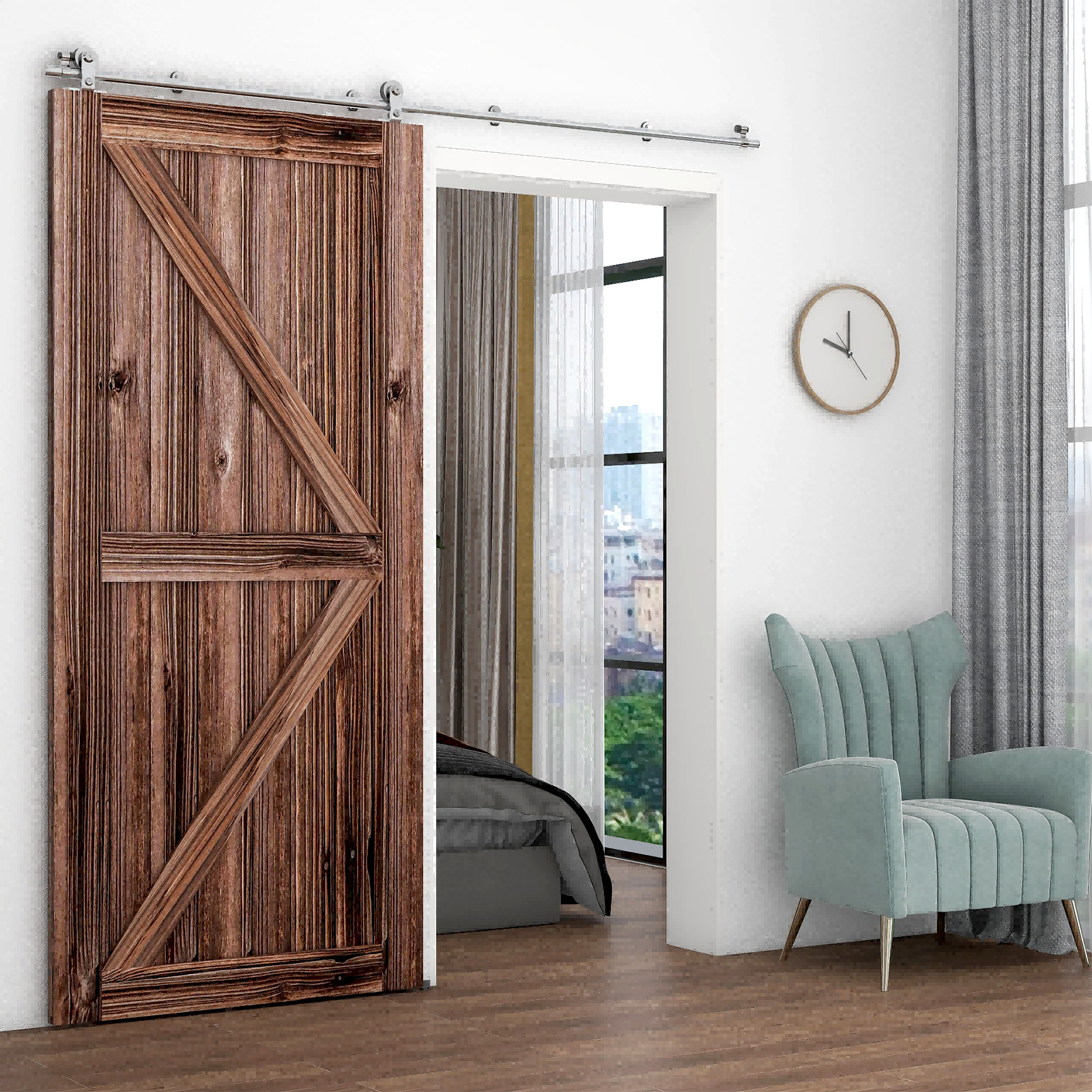 CCJH 4FT-16FT Stainless Steel Sliding Barn Door Hardware Kit Track for Wood Door