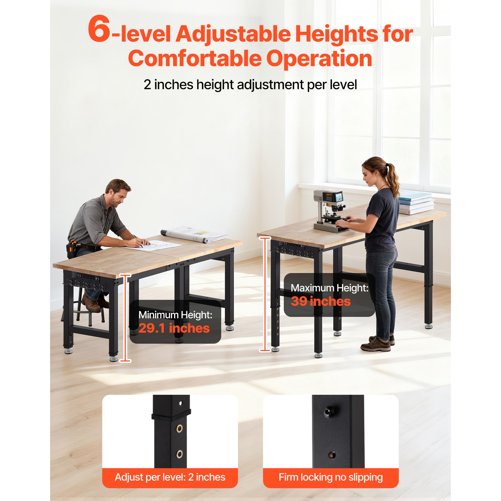 Uimoso Adjustable Workbench with Oak Wood Top and Built-in Power Outlets,72x24in
