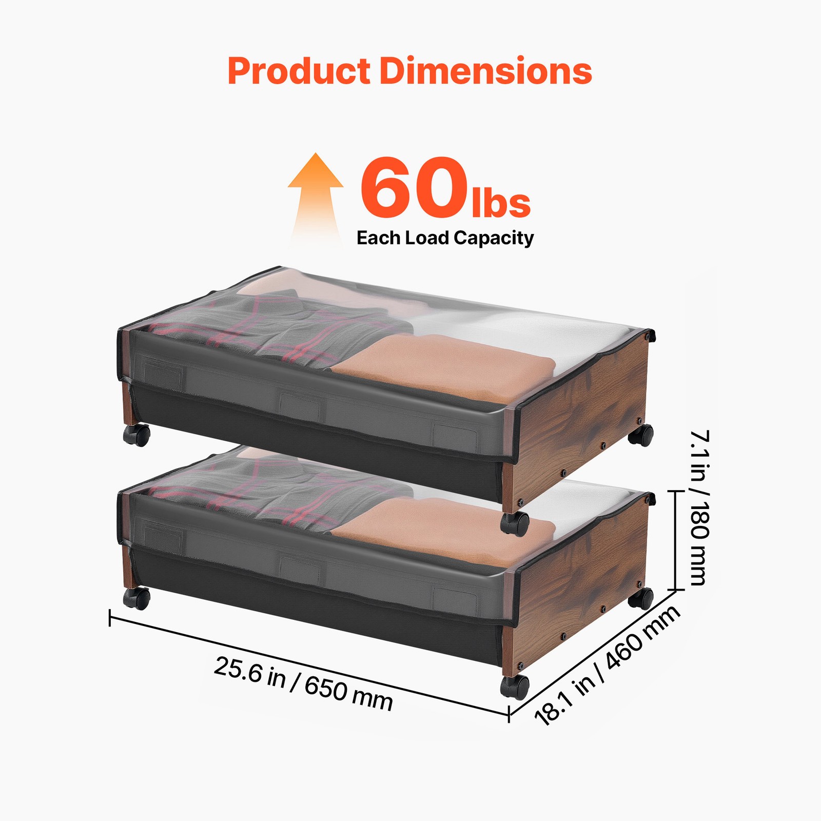 Uimoso Under Bed Storage w/ Wheels 25.6×18.1×7.1In Rolling Storage Bags 2 Pack