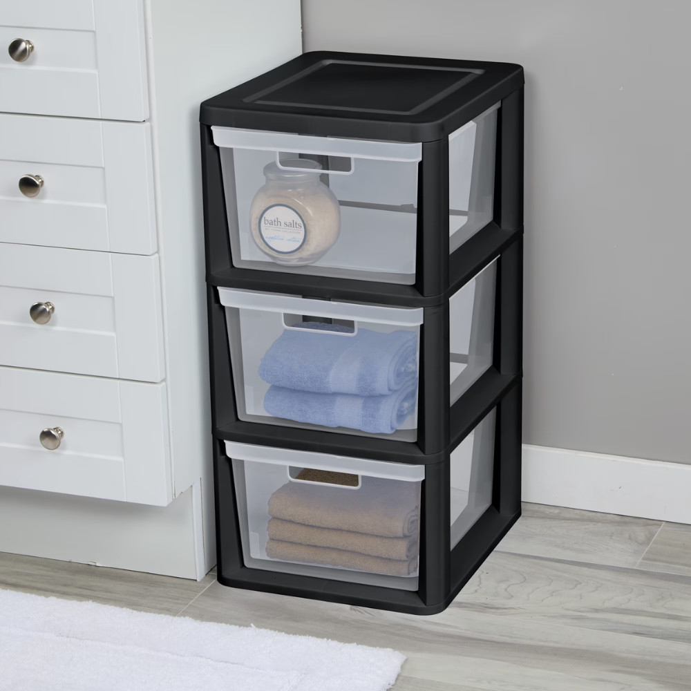 2Pack Sterilite Medium 3 Drawer Tower Plastic Storage Bins Organizer Unit, Black