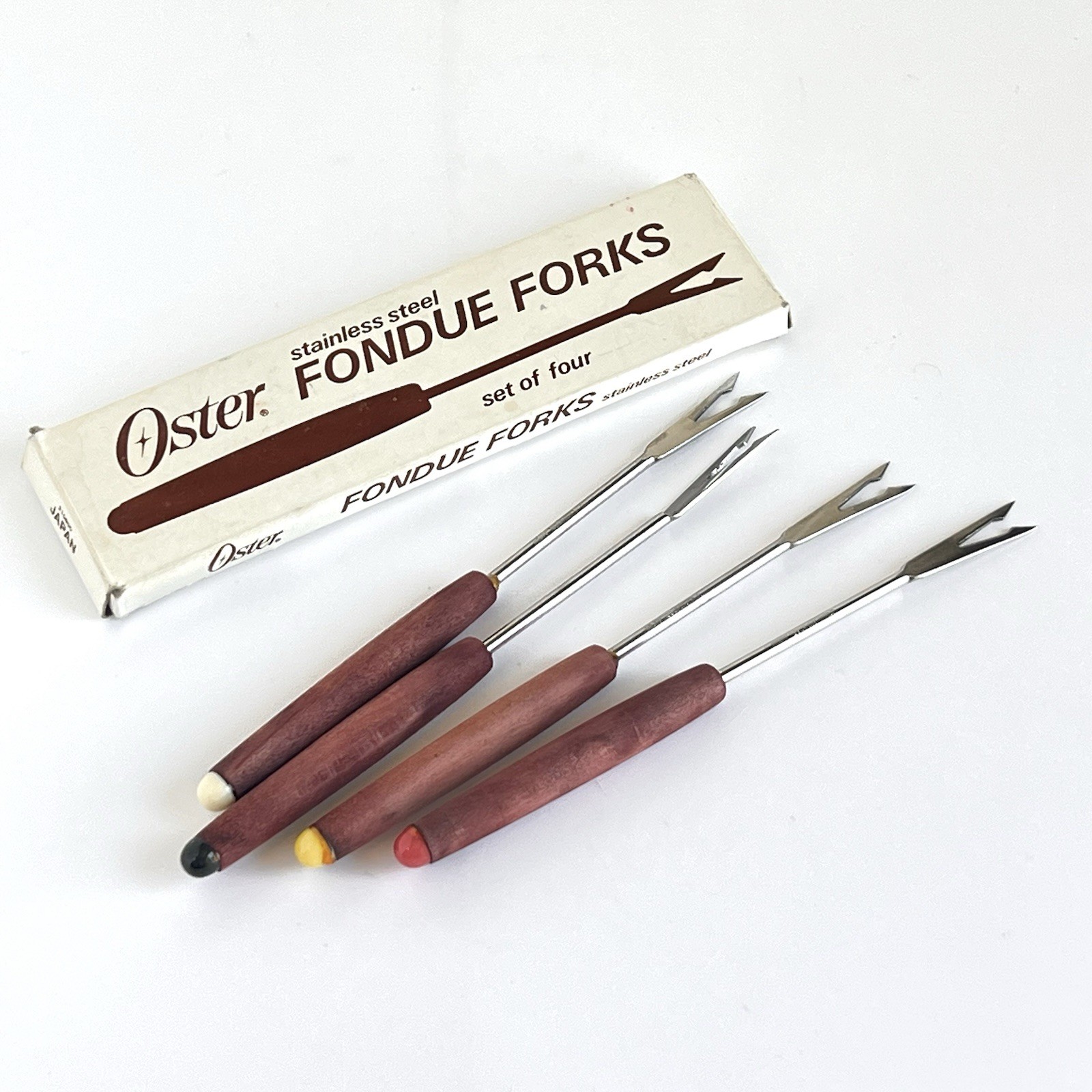 Vtg Oster Set of 4 Stainless Steel, Wood Handled Fondue Forks w/ box MCM