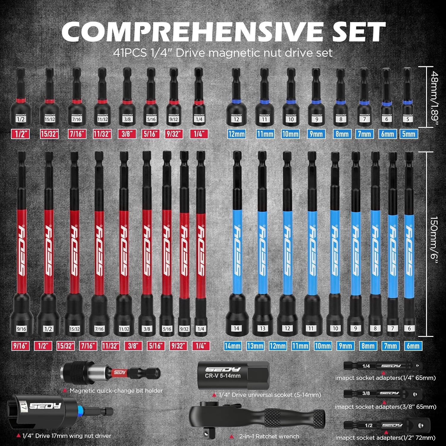 41-Piece Premium 1/4″ Drive Magnetic Impact Nut Driver Set Metric & SAE Standard