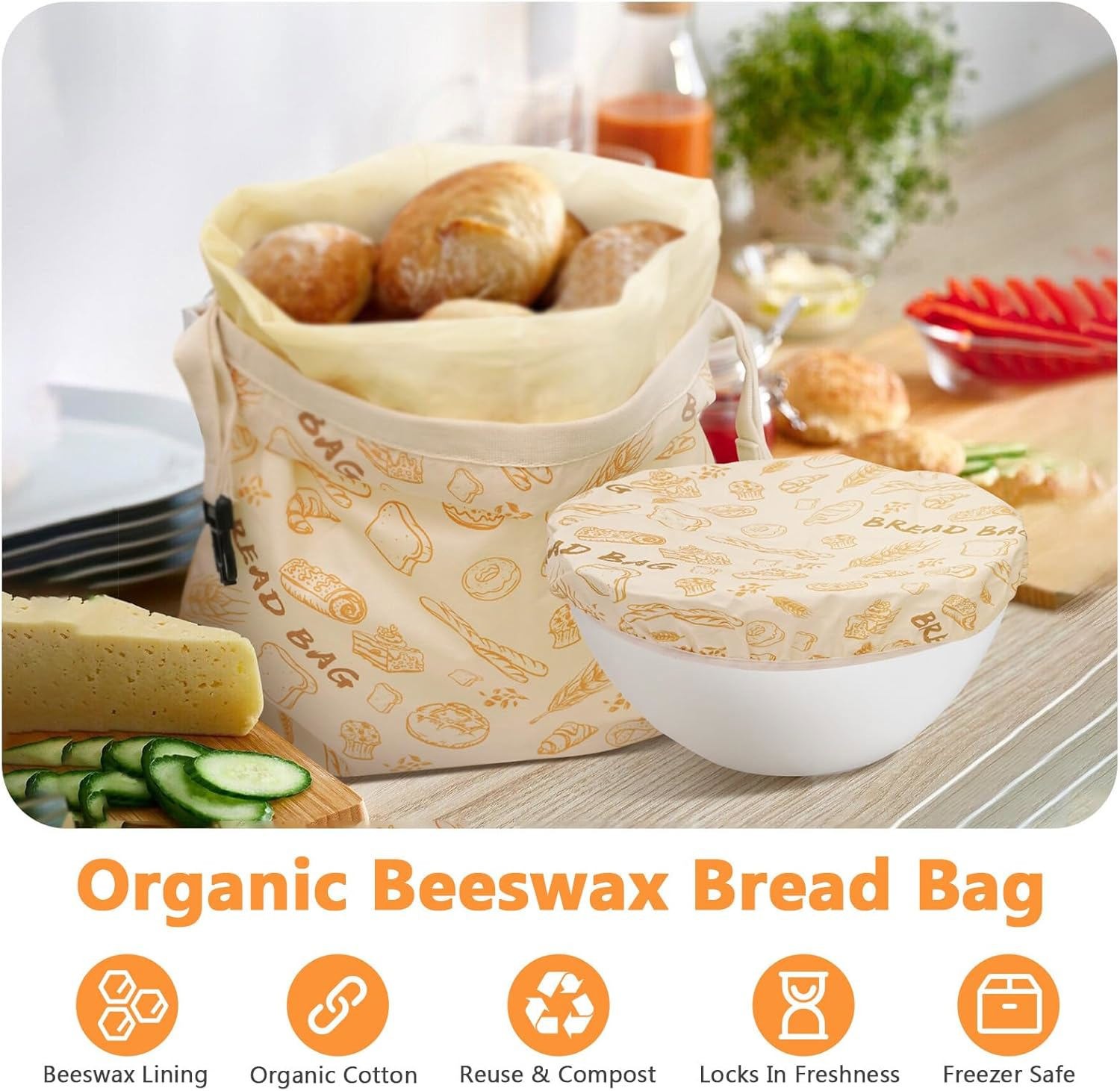 2 Pack Reusable Beeswax Bread Bags for Homemade Breads Sourdough Easy to Clean