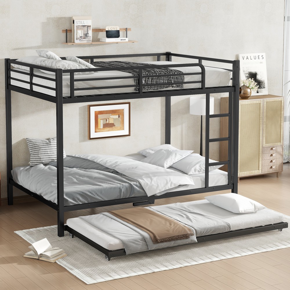 Full Over Full Bunk Bed with Twin Trundle Triple Bunk Beds for Kids Teens Adults