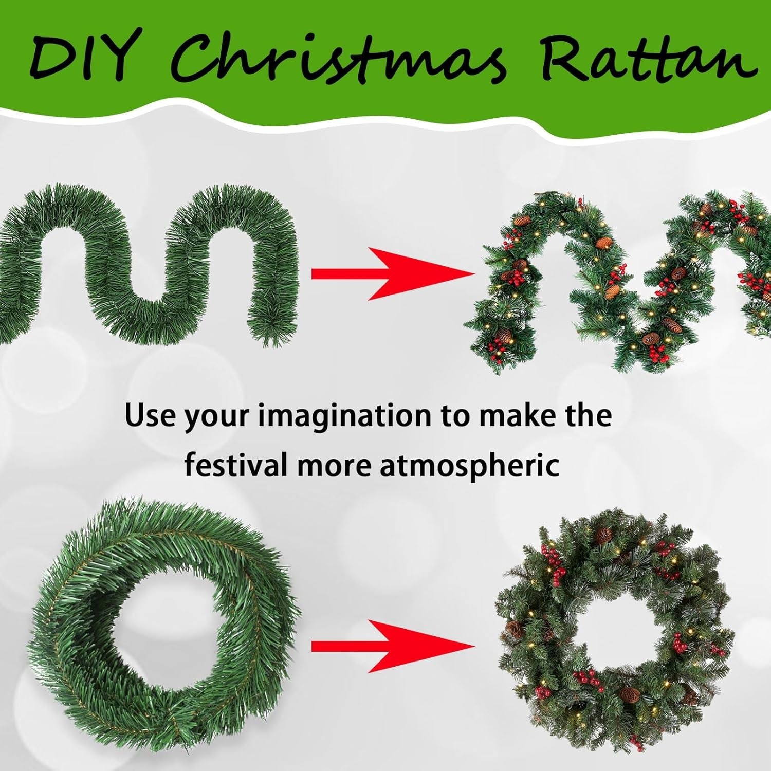 2-Pack 50FT Green Garland Christmas Decorations with Light Green-50FT,