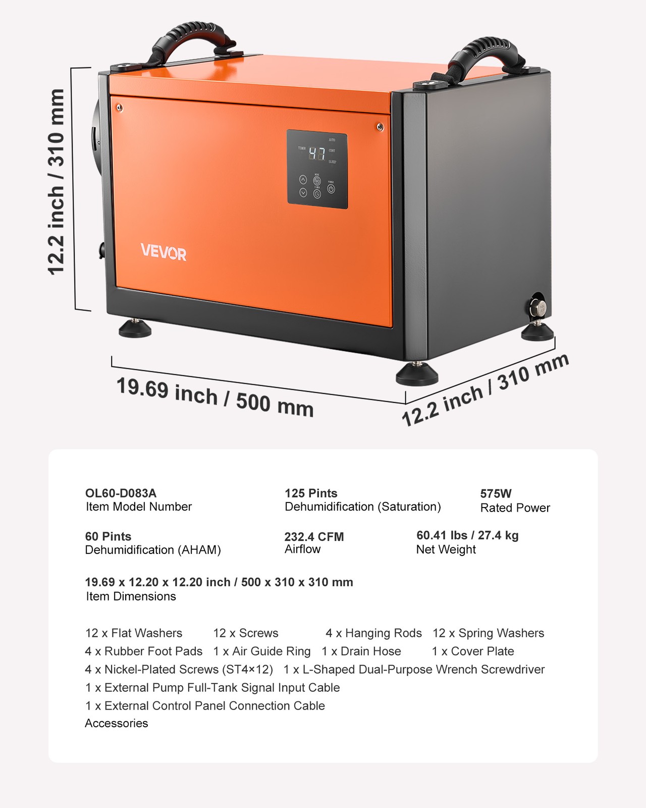 VEVOR 125 Pints Commercial Dehumidifier with Hose Auto Defrost for Crawl Space