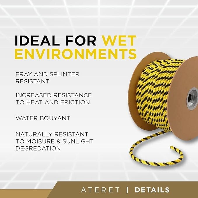 ATERET Twisted 3-Strand YELLOW & BLACK Polypropylene Rope Monofilament ALL SIZES