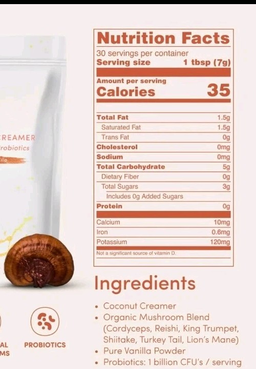 (1) Probiotic Coffee Creamer Vanilla w/ 6 Mushrooms Organic 30 Servings