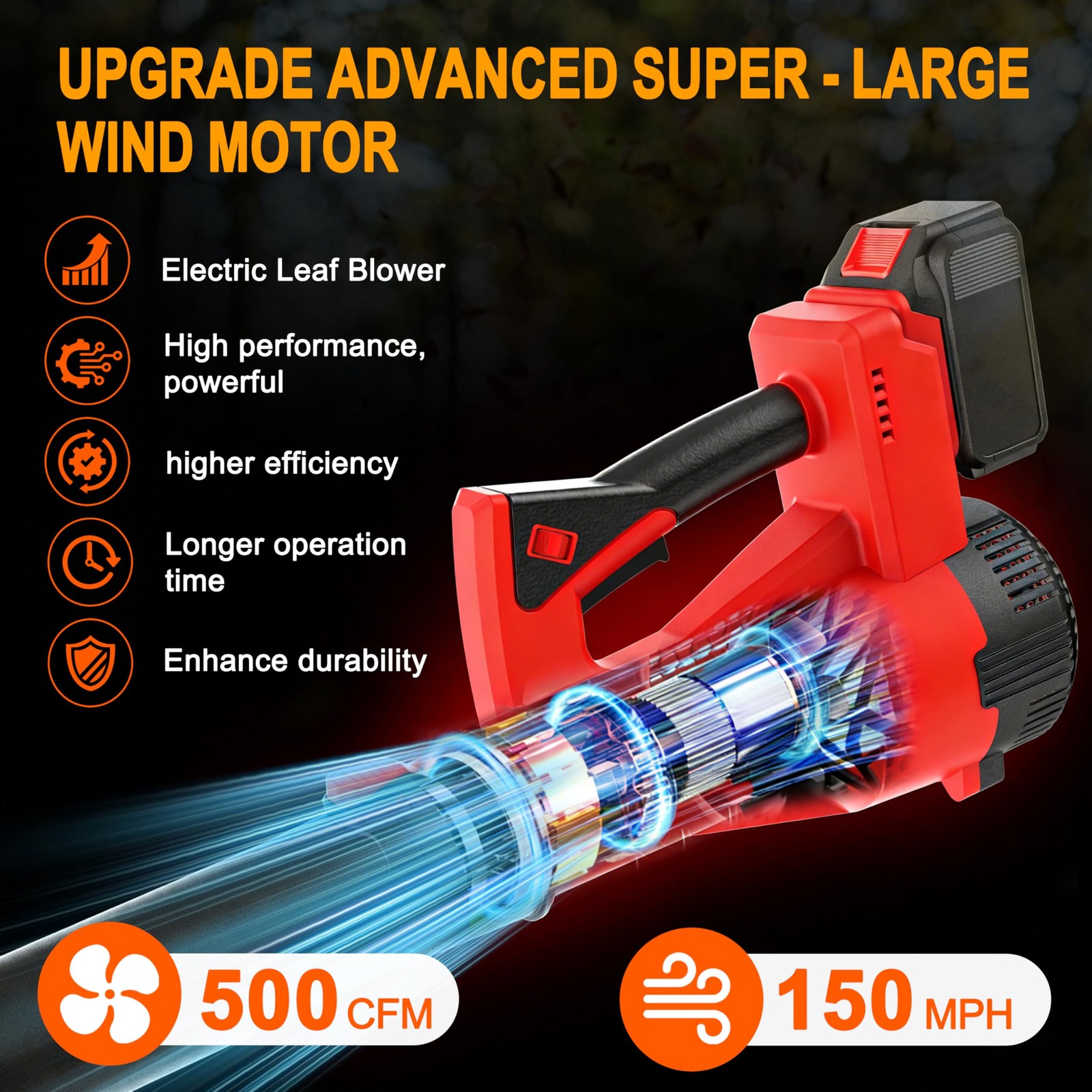 Cordless Leaf Blower 21V 500CFM 150MPH Lightweight with 2 Batteries & Charger